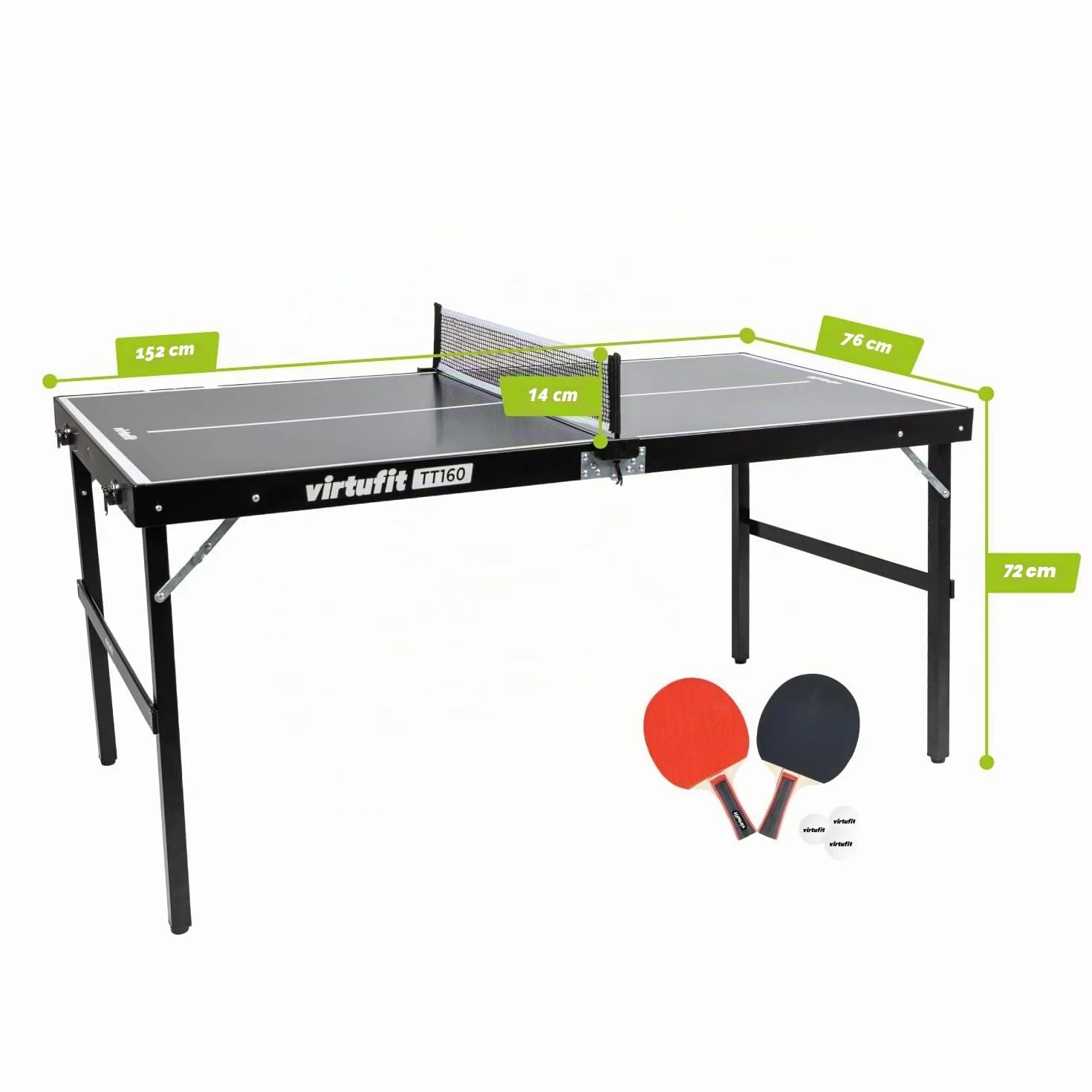 VirtuFit Mini Table de Ping-Pong TT160 - Avec 2 raquettes et 3 balles - Table de ping-pong - Filet inclus