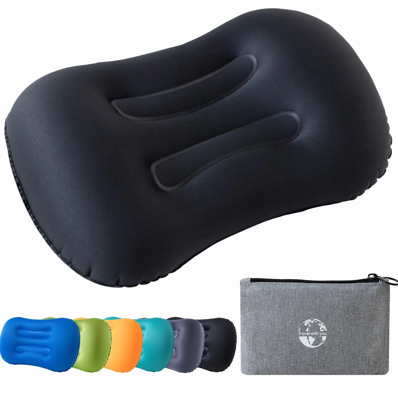 Oreiller Camping Gonflable Ultra-Compact Léger Voyage Support Ergonomique Noir