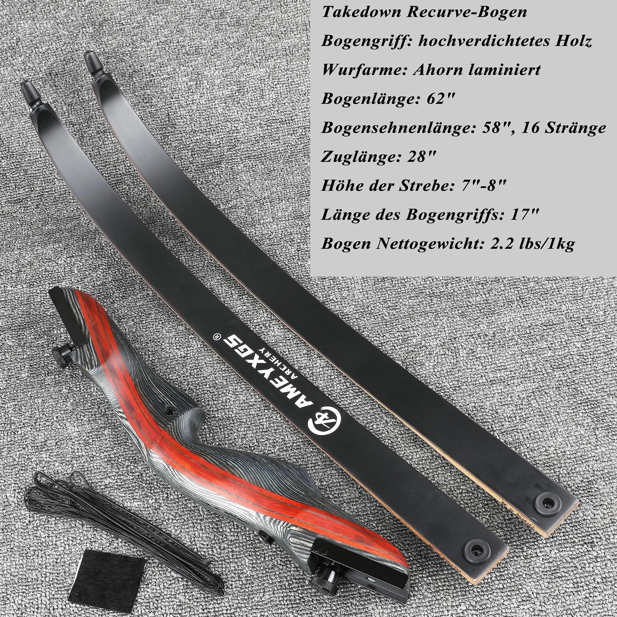 Takedown Recurve Arc 62 Pouces Tir à l'Arc Chasse 20-35lbs Bois Traditionnel avec Flèches Carbone