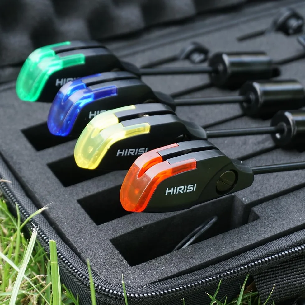Hirisi Lot de 4 detecteur de Touche Peche Carpe Siège de Base Amovible pour indicateur de Morsure alarmes pêche Carpe lumière LED Rouge/Jaune/Bleu/Vert