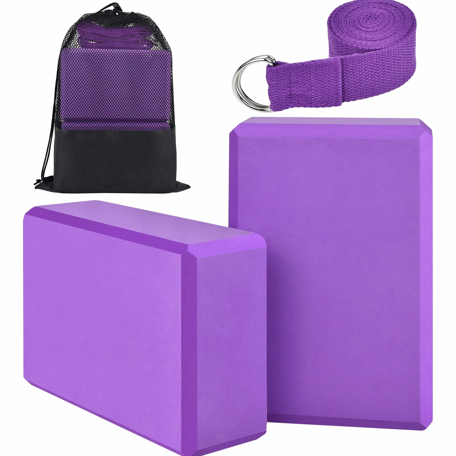 Lot 2 Blocs Yoga Brique Kit Accessoires Yoga avec Sangle et Sac de Yoga 4 Pièces