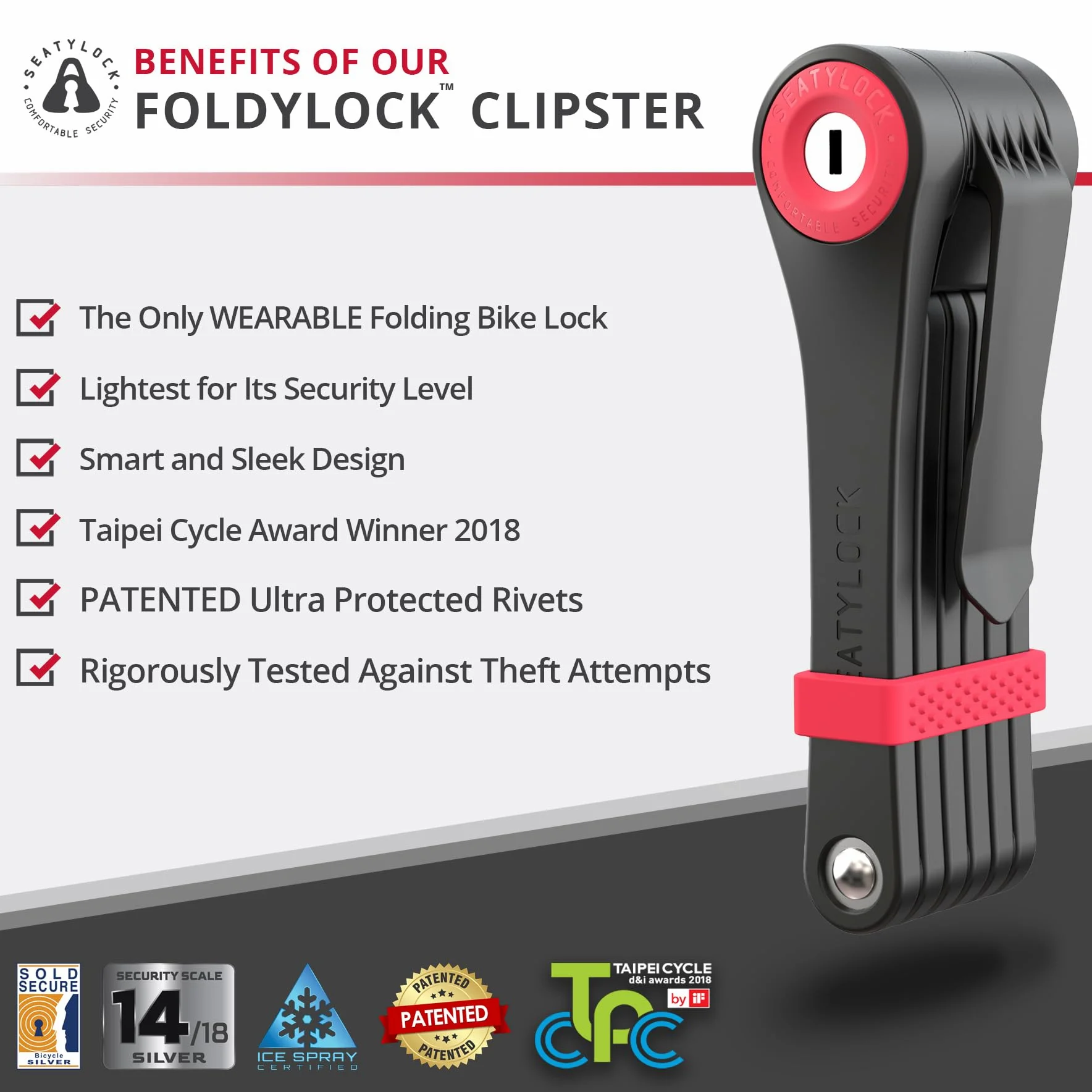 FoldyLock Clipster Antivol pliable pour vélo Sécurité 14/18 Argent | Antivol de vélo léger, portable, compact, ultra élégant, accessoire de protection intelligent, 75 cm