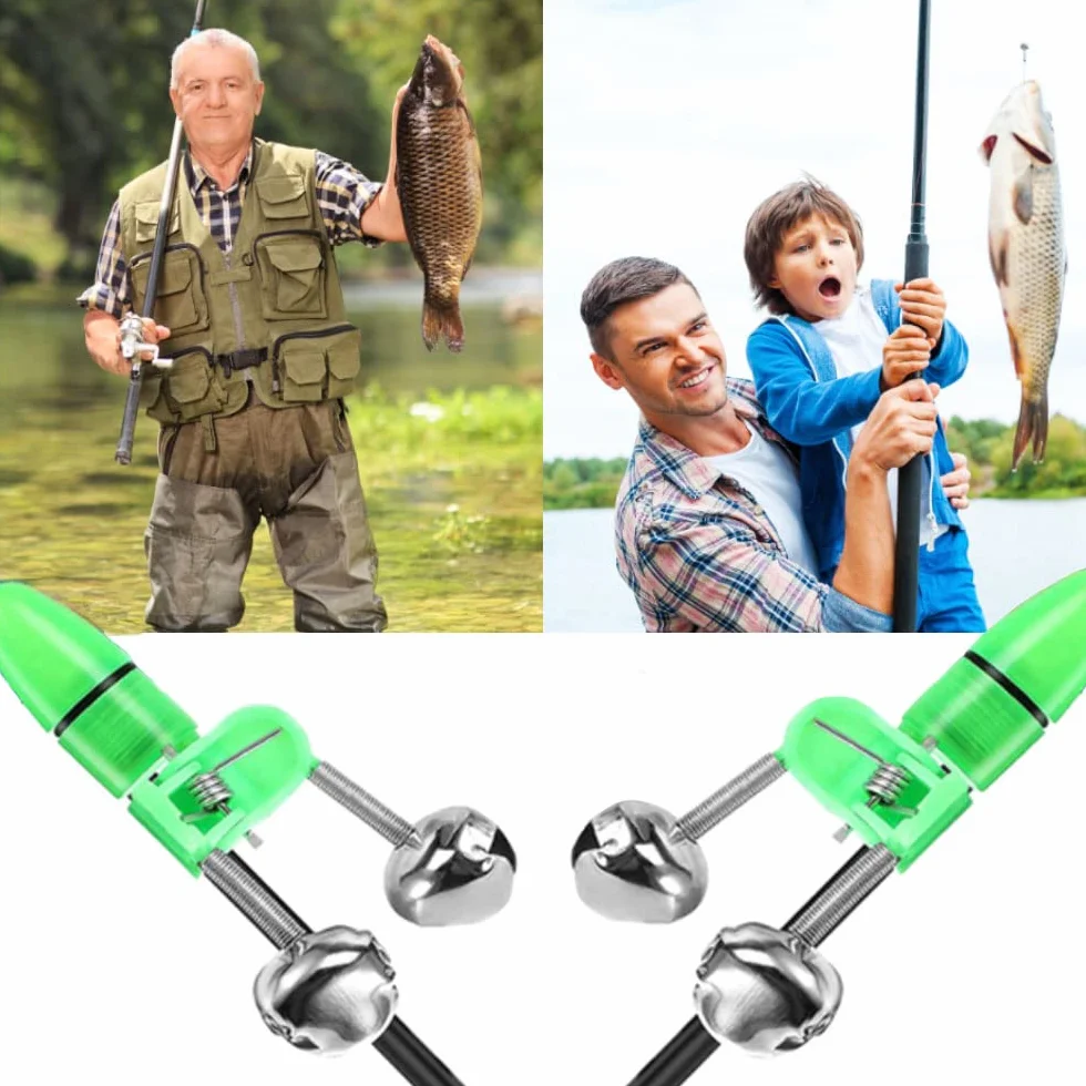Clochette de Peche, 10 Pcs Alarme de Pêche, Cloche D'alarme de Pêche pour la Pêche en Mer Cannes à Pêche en Plein Air Accessoires de Pêche, Métal(Ton Vert et Argent)