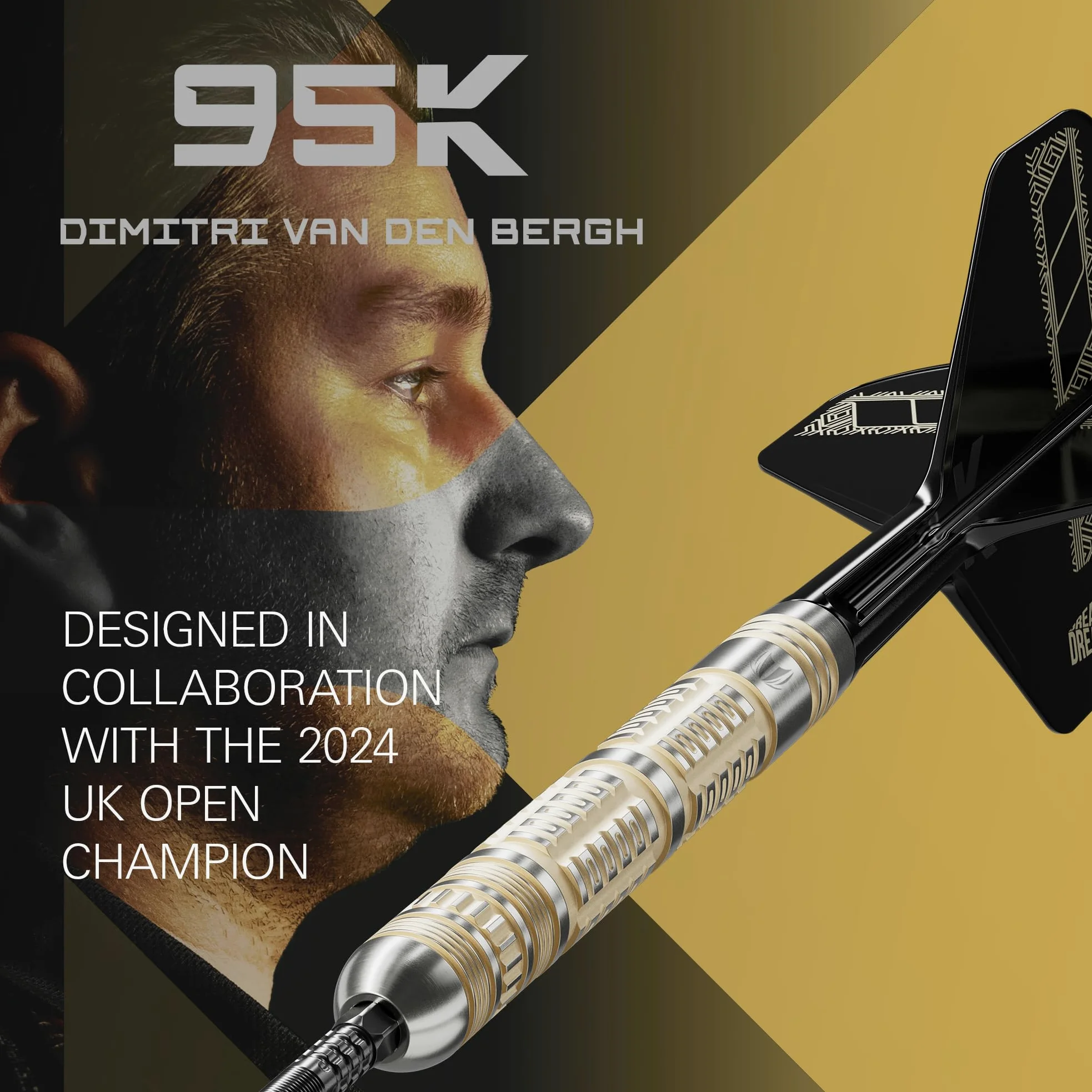 Target Darts Dimitri Van den Bergh Jeu de Fléchettes 95K à Pointe en Acier, 22G/23G/24G | Fléchettes 95% Tungstène, Ailettes Tige K-Flex N° 2, Pointes Swiss DX Noires Outil SP Inclus | Édition Joueurs