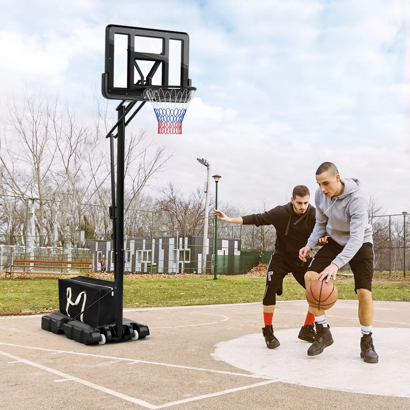 COSTWAY Panier de Basket-Ball Hauteur Réglable 145-305cm, Support Portable à Roulettes avec Base Remplissable, Panneau Arrière 111cm