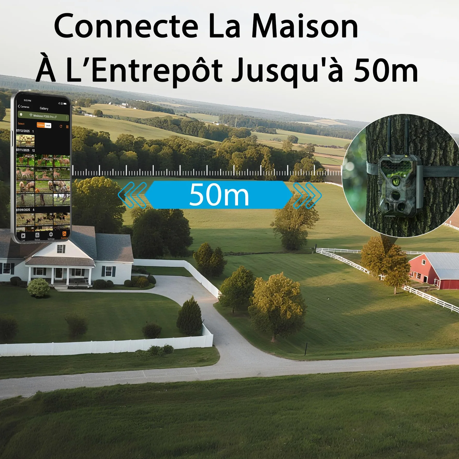 Meidase P300 Caméra de Chasse, WiFi Bluetooth 50m Portée de Connexion, Double Antenne, 64mp 1296p, Vision Nocturne, Activation Mouvement, Ip66 Etanche, Transfert App, Surveillance Extérieure
