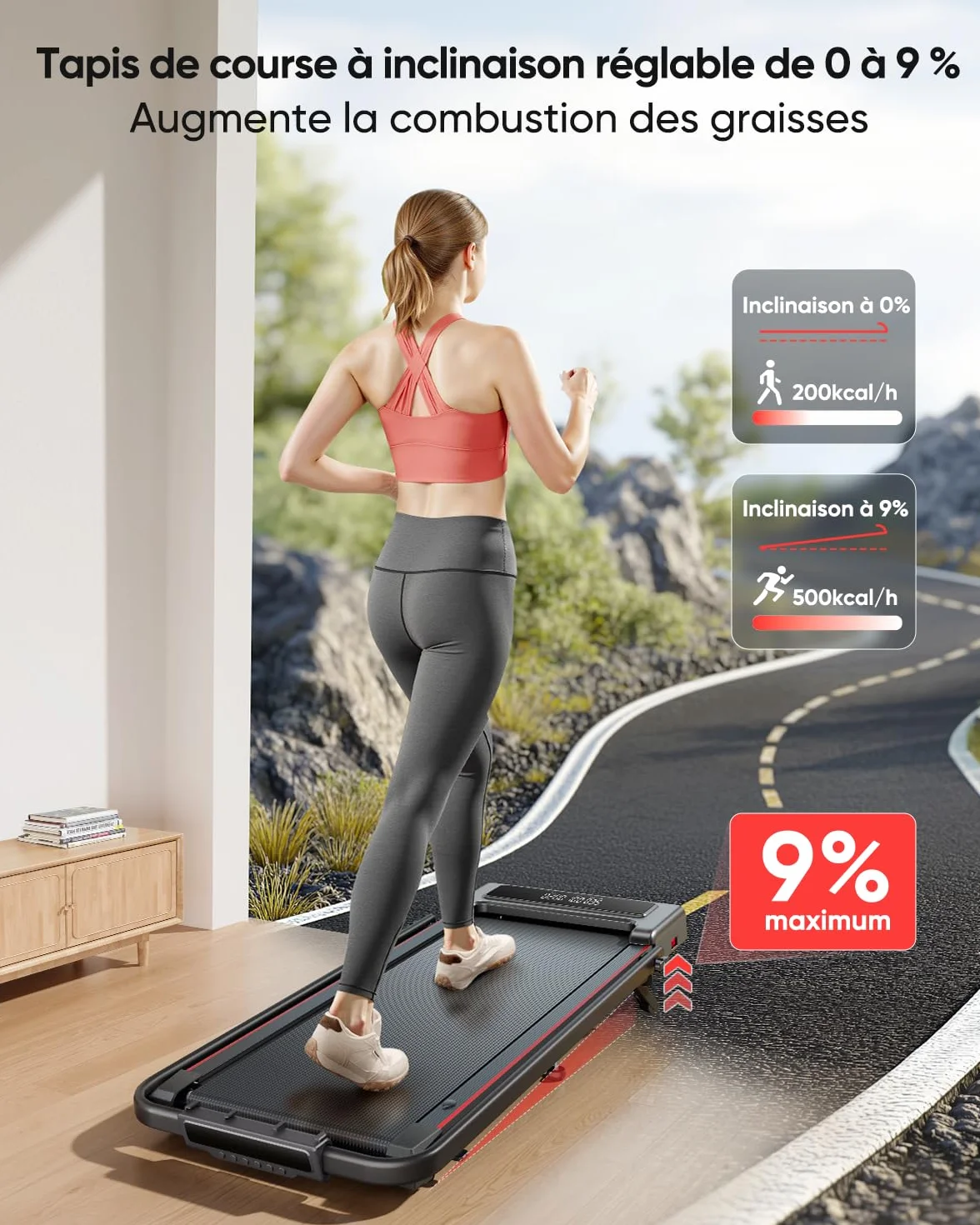Tapis de Course Pliable 4en1, Inclinable 9%, 12km/h, 2.5 HP, Compact et Portable, Double écran LED