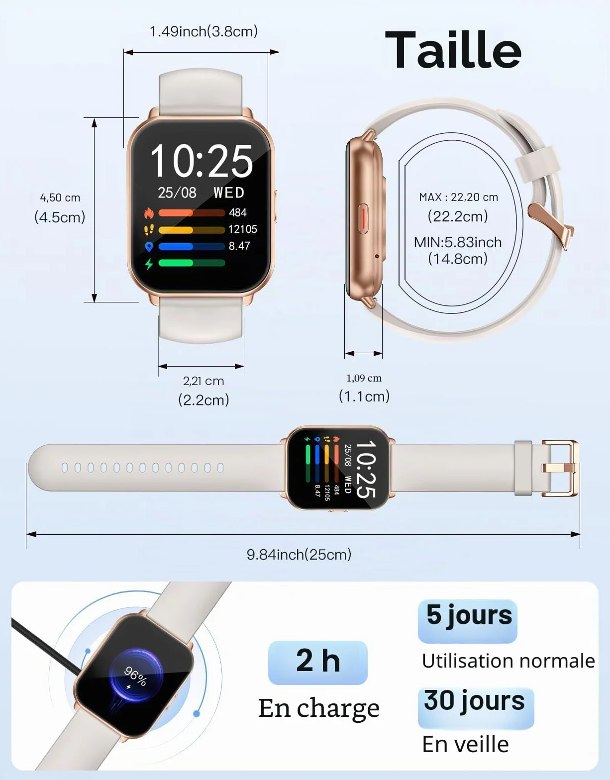 Smartwatch Femme Homme Bluetooth Podometre Cardiofrequencemetre Etanche IP68 Android iOS
