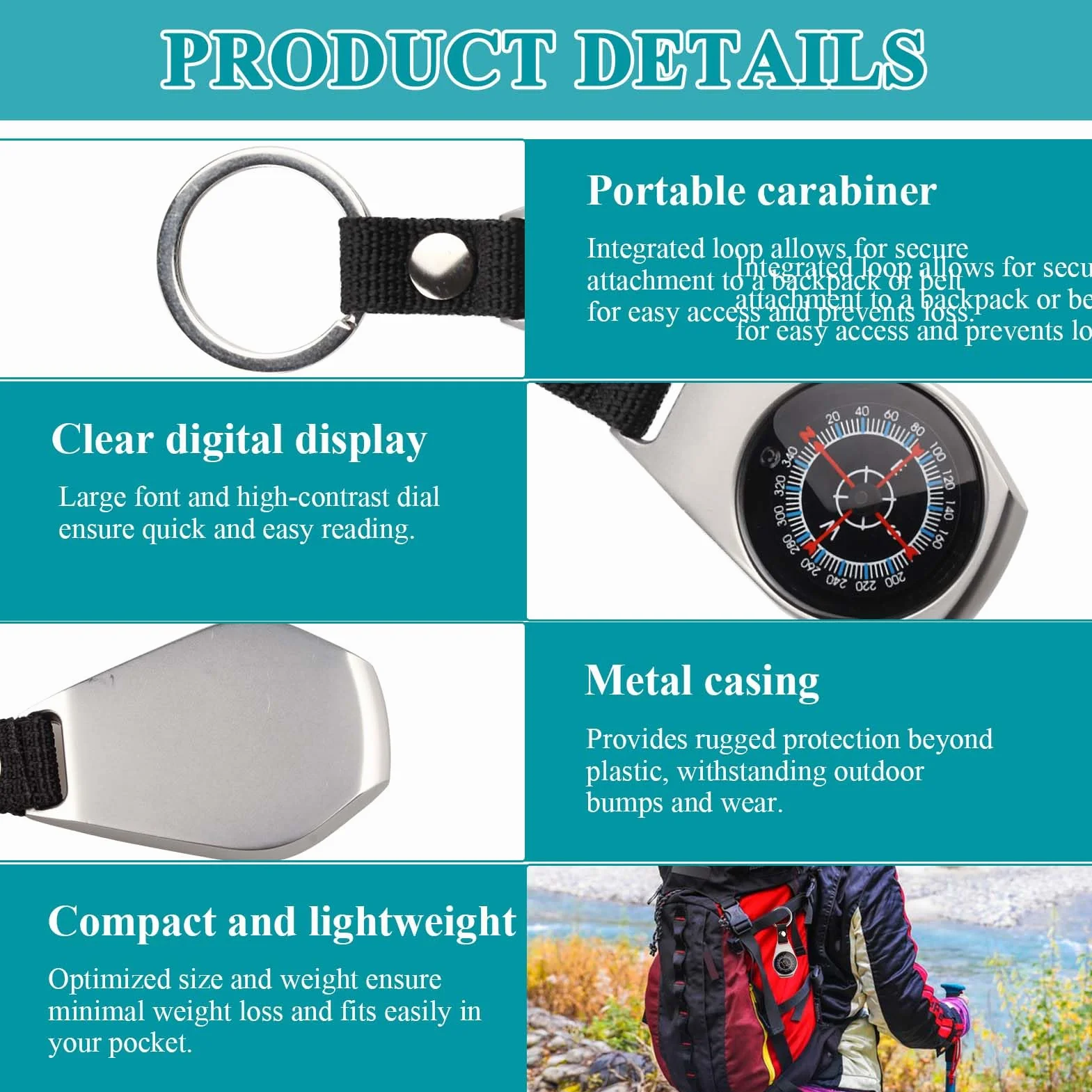 Boussole Porte Clés Aluminium Étanche Portable Mousqueton Navigation Plein Air