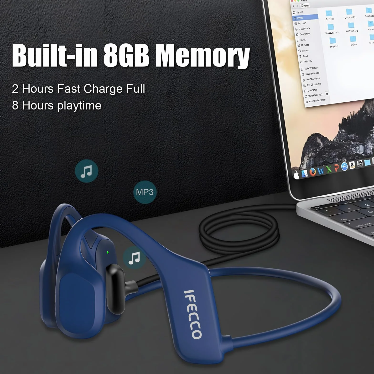 IFECCO Casque à Conduction Osseuse Bluetooth 5.2 IP68 Écouteurs de Sport sans Fil avec 8Go MP3