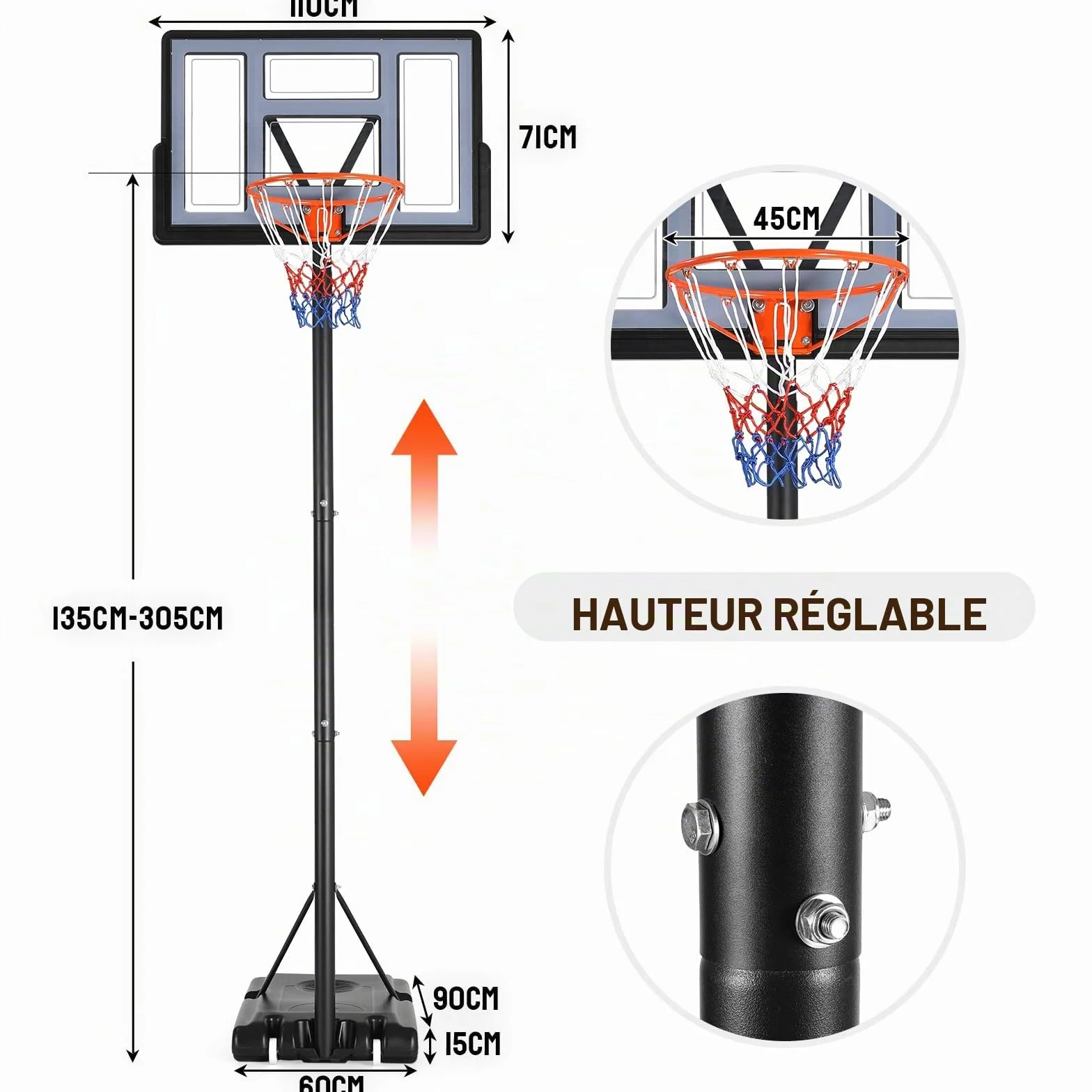 Panier de basket extérieur réglable 135-305 cm, panneau arrière 110x71 cm