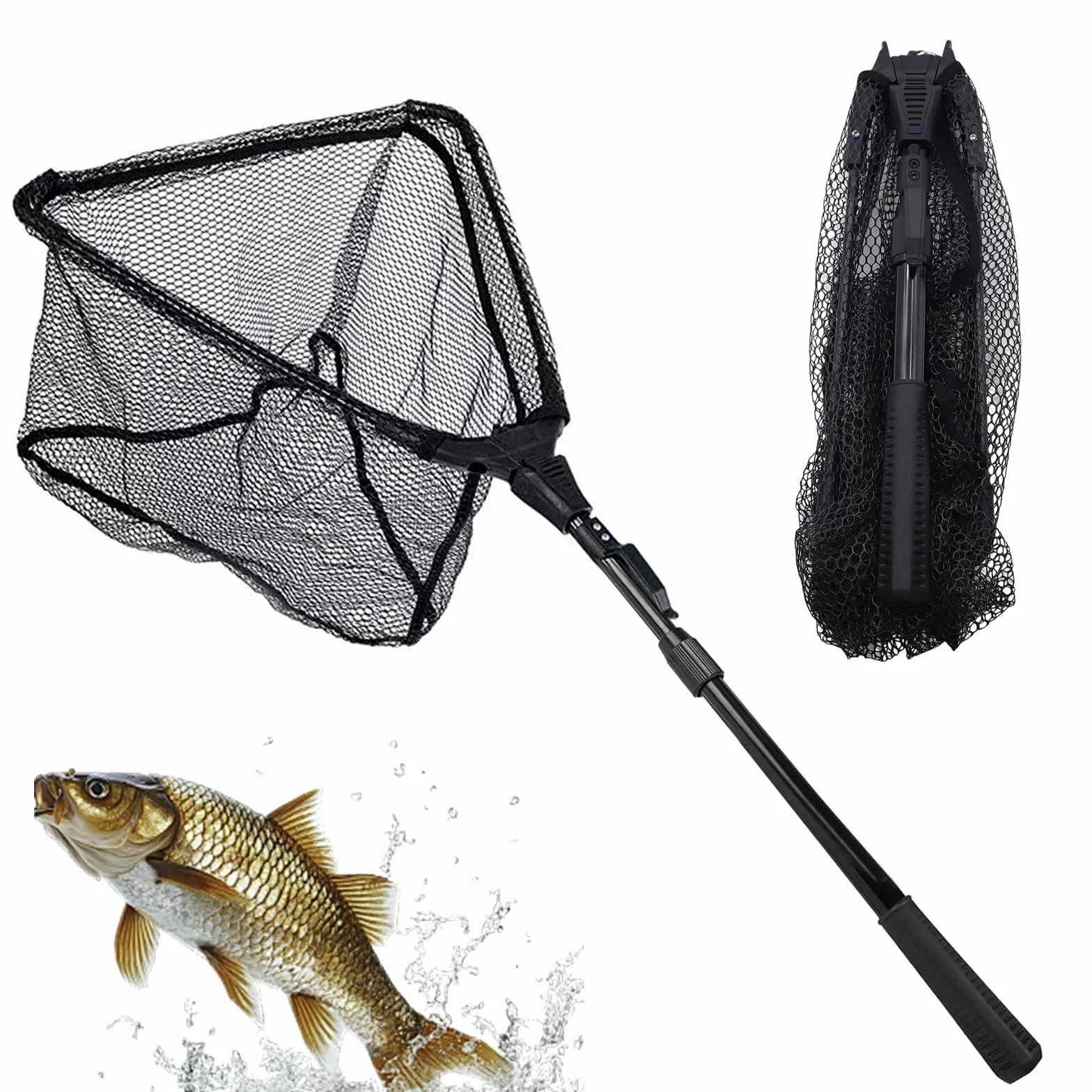 Épuisette de Pêche Pliable, Épuisette Pêche Pliable avec Poignée Télescopique, Longueur Réglable pour Kayak Salmon Chat Basse Étang et Piscine (Noir)