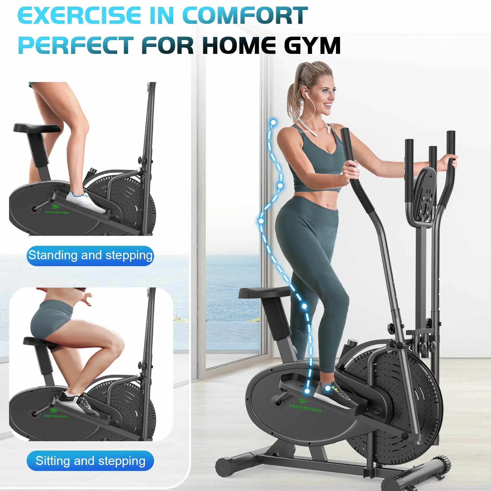 Crosstrainer Vélo Elliptique 2 en 1 avec Siège, Moniteur LCD, Résistance Réglable