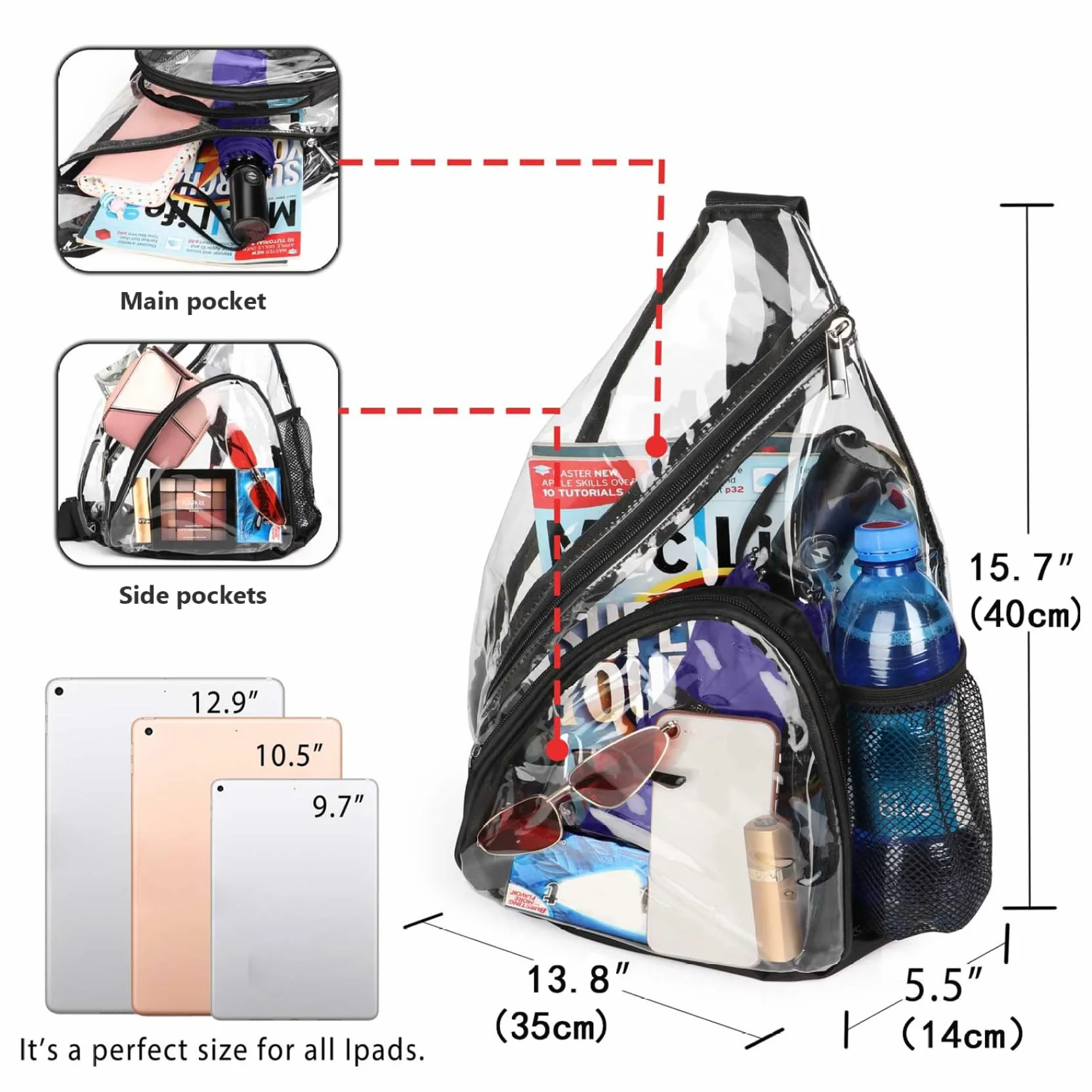 Transparent Stadium Approved PVC Crossbody Bag with Water Bottle Pocket for Concert