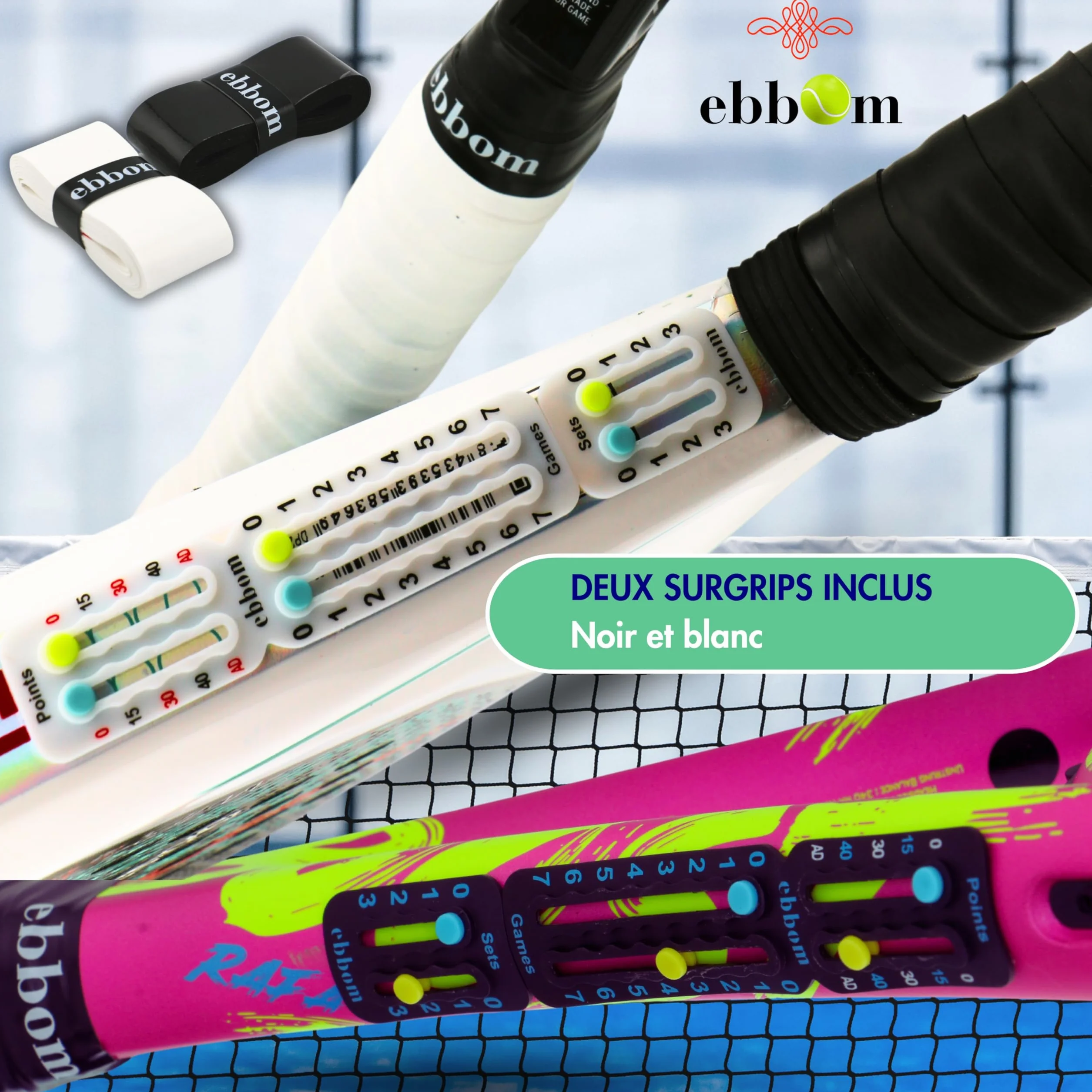 Compteur de Points Padel et Tennis Ultraléger avec Adhésif 3M - Inclus 2 Overgrips B/N et 1 Nettoyant – Adaptable à Toutes Les Raquettes et Palas – Accessoires Padel – Marqueur Padel