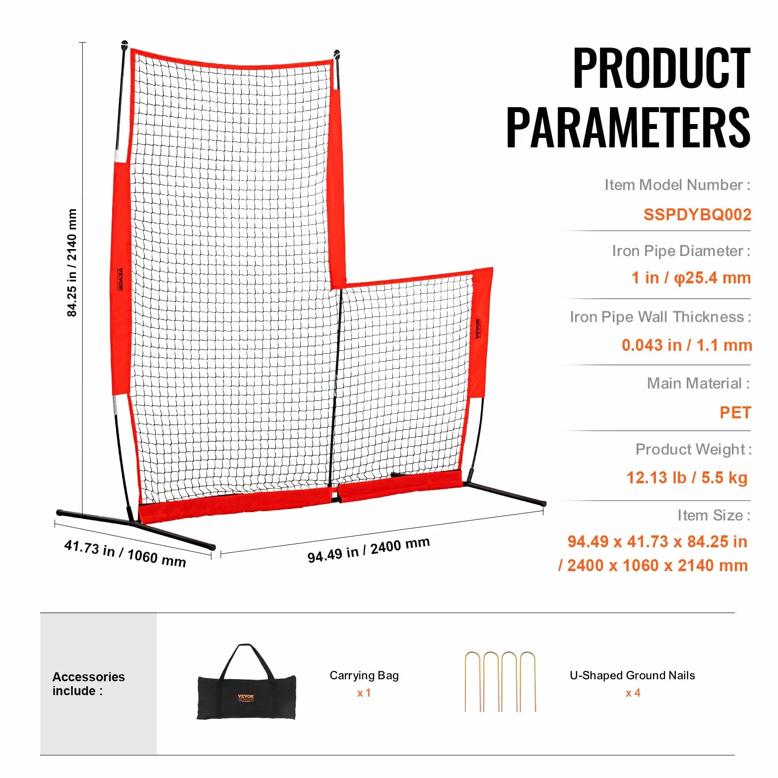 VEVOR Écran Protecteur de Baseball en Forme de L, Filet de Protection Softball 240x214 cm, Portable avec Sac de Transport