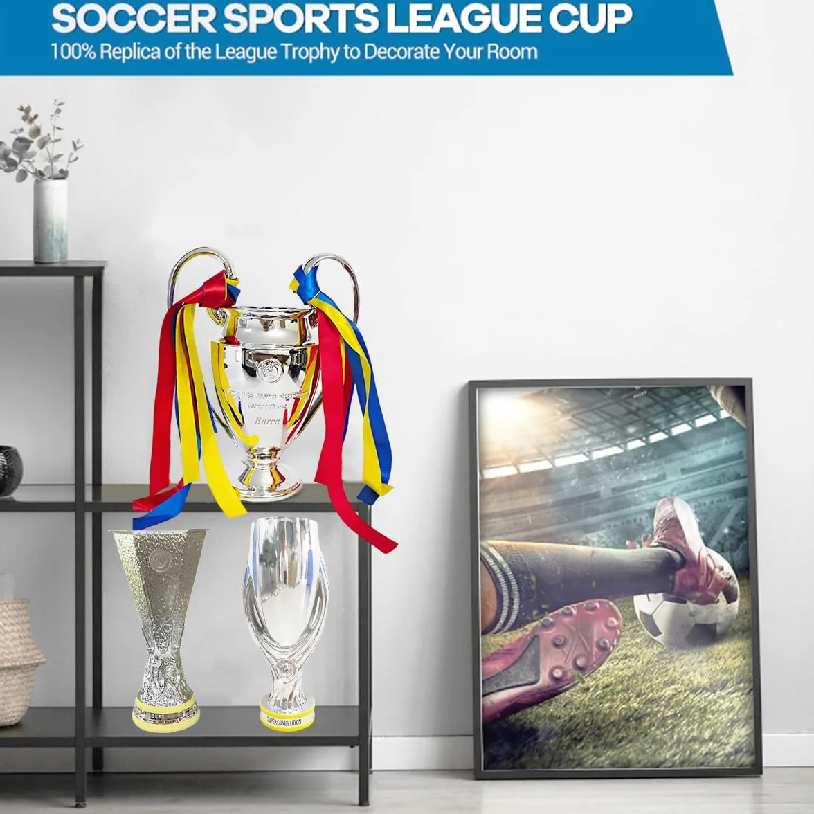 Réplique Trophée de la Ligue des Champions,Trophées des Champion d'europe De Football avec 3 éVentails De Rubans De Couleur Décorations pour La Maison Collection Ornements D'affichage,32cm