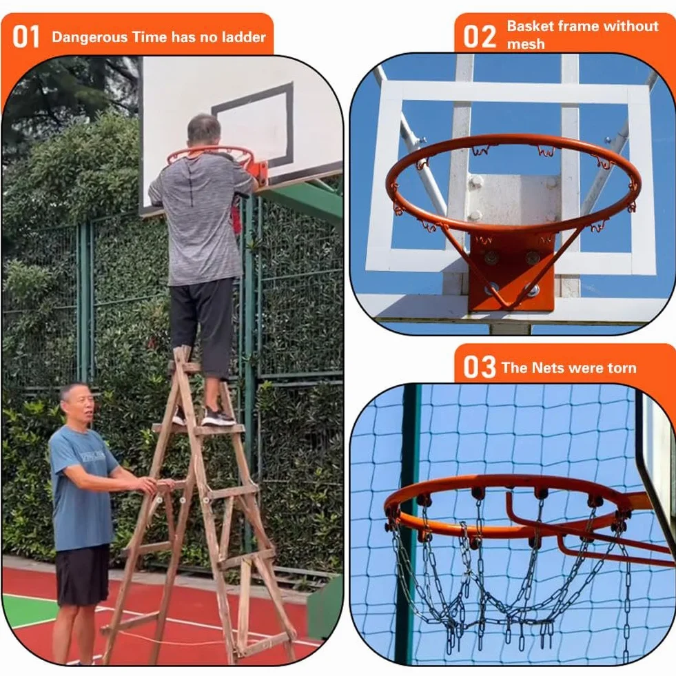 Filet de basket-ball portable amovible, système d'installation facile pour cerceaux sans monture