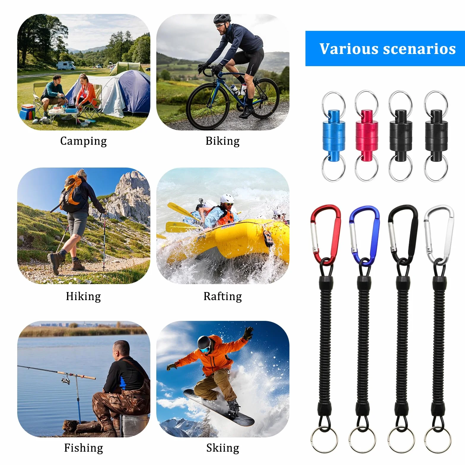 4 Pièces Libération de Filet Magnétique,Clip magnetique de pêche,Magnétique D'épuisette Boucle avec Mousqueton et Cordon enroulé pour Pêche Surf Randonnée L'alpinisme