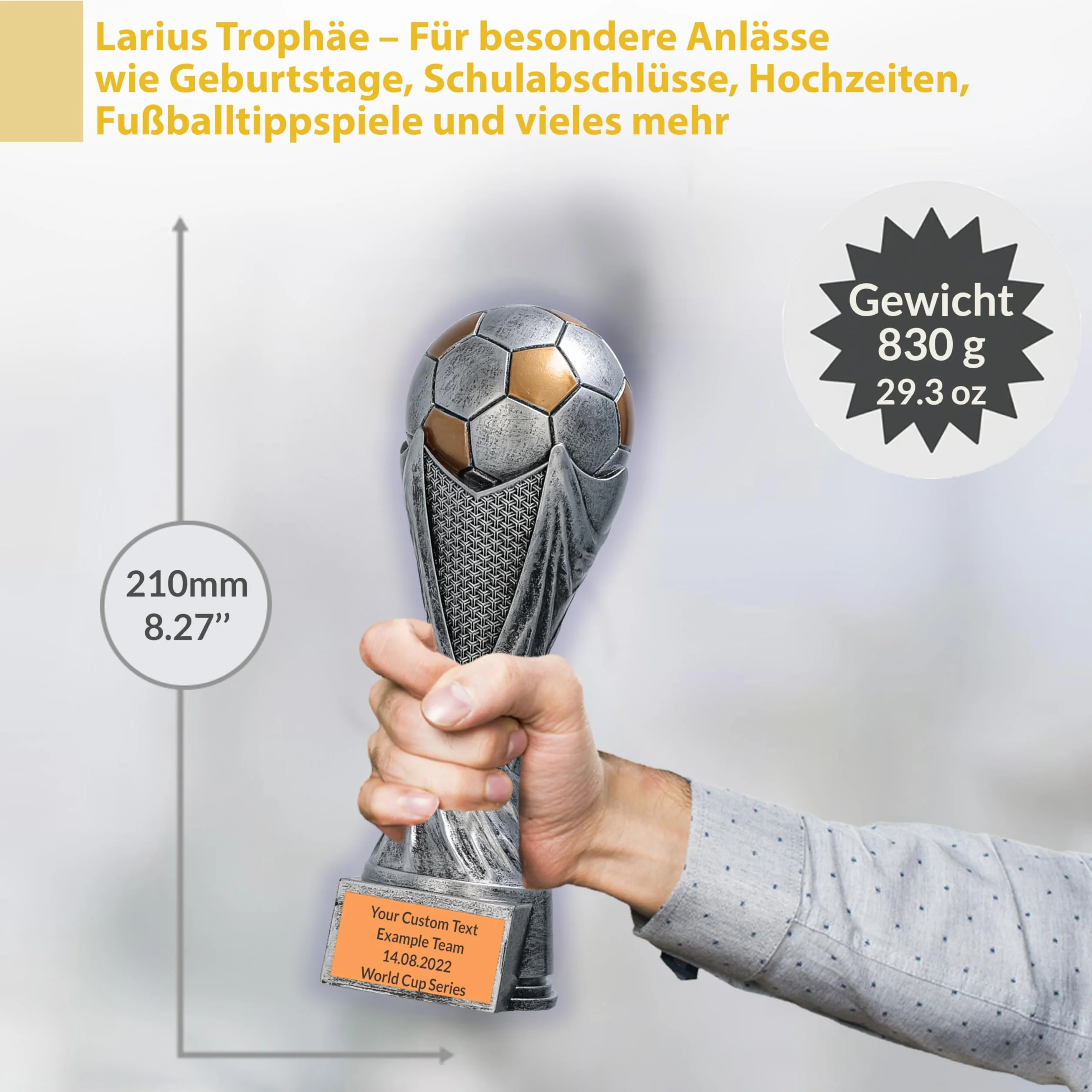 Larius Trophée Football avec Ballon 15–21 cm (300–830 g) – Coupe Lourde en Résine avec Gravure Optionnelle – pour Tournois, MVP, Meilleur Buteur & 1re–3e Place – M5