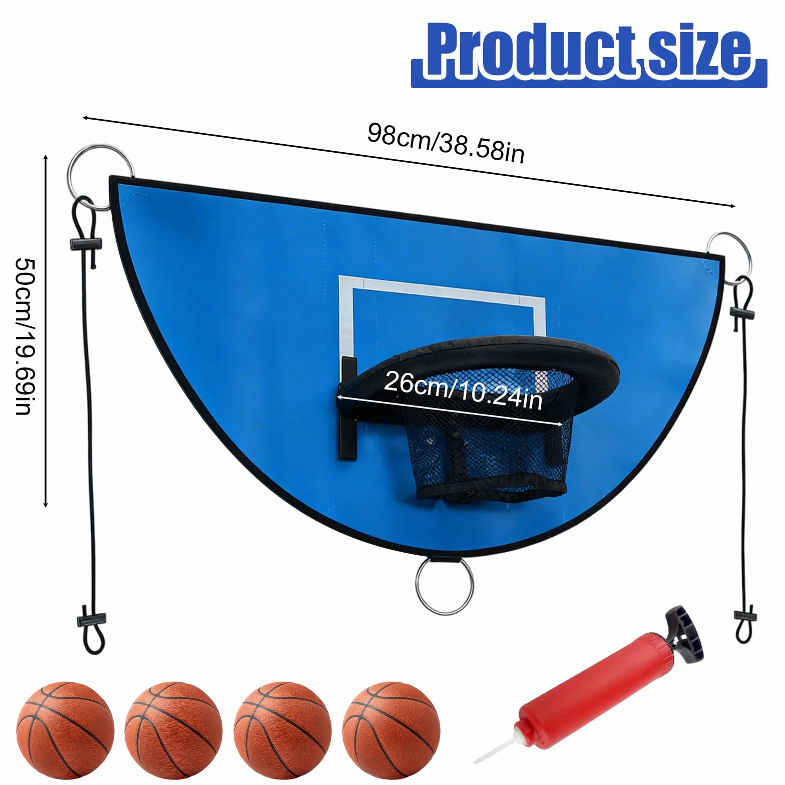 Panier de basket pour trampoline avec 4 mini ballons et pompe, support universel avec protection solaire - Bleu