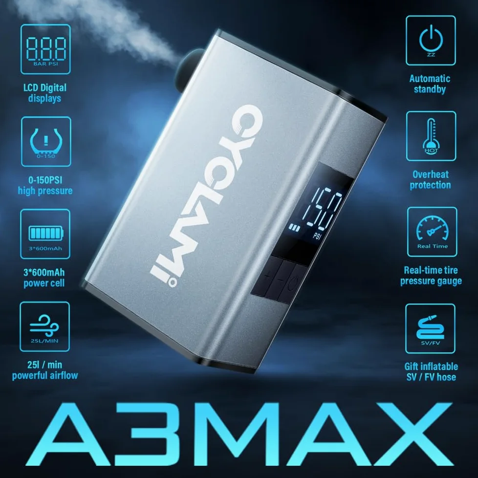 A3MAX Mini pompe à vélo électrique max 150 PSI avec manomètre, arrêt automatique, avec valve Presta et Schrader pour vélo électrique, VTT, vélo de ville et vélo de route