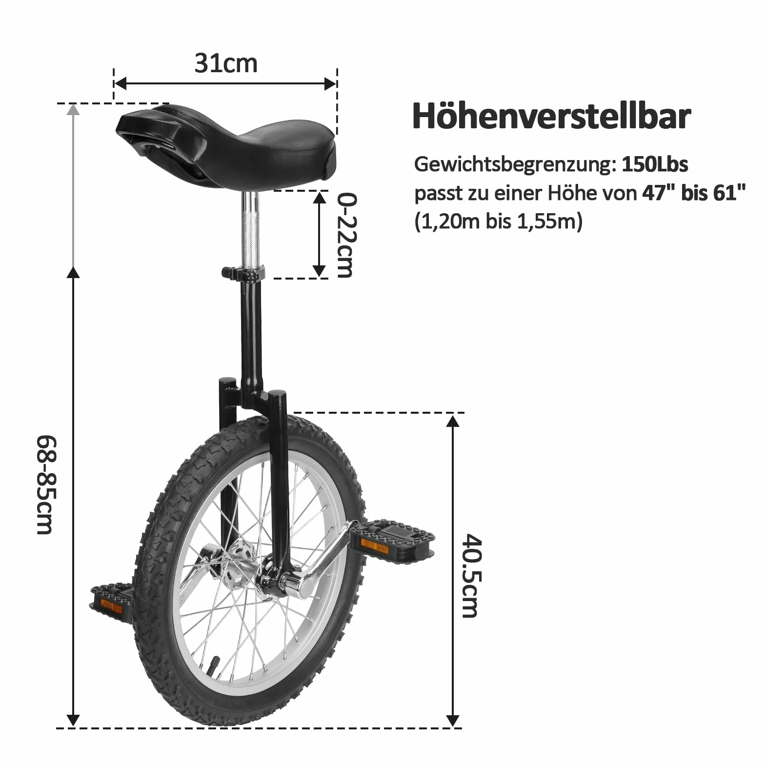 Monocycle 16" pour adultes, enfants, débutants, professionnels, noir