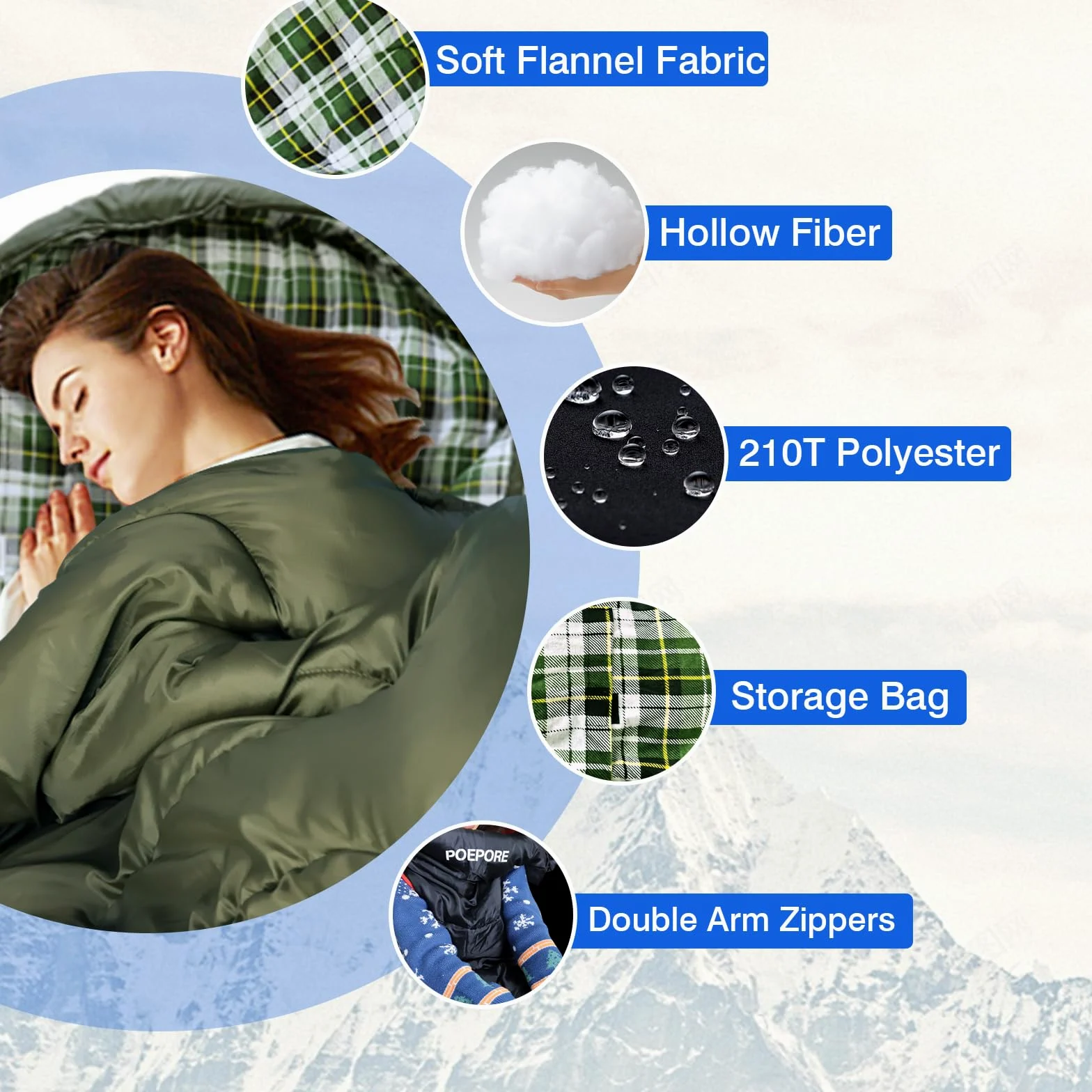 Sac de couchage en flanelle de coton à 0 degrés pour adultes - Taille XXL - Sac de couchage portable 4 saisons imperméable avec sac de compression
