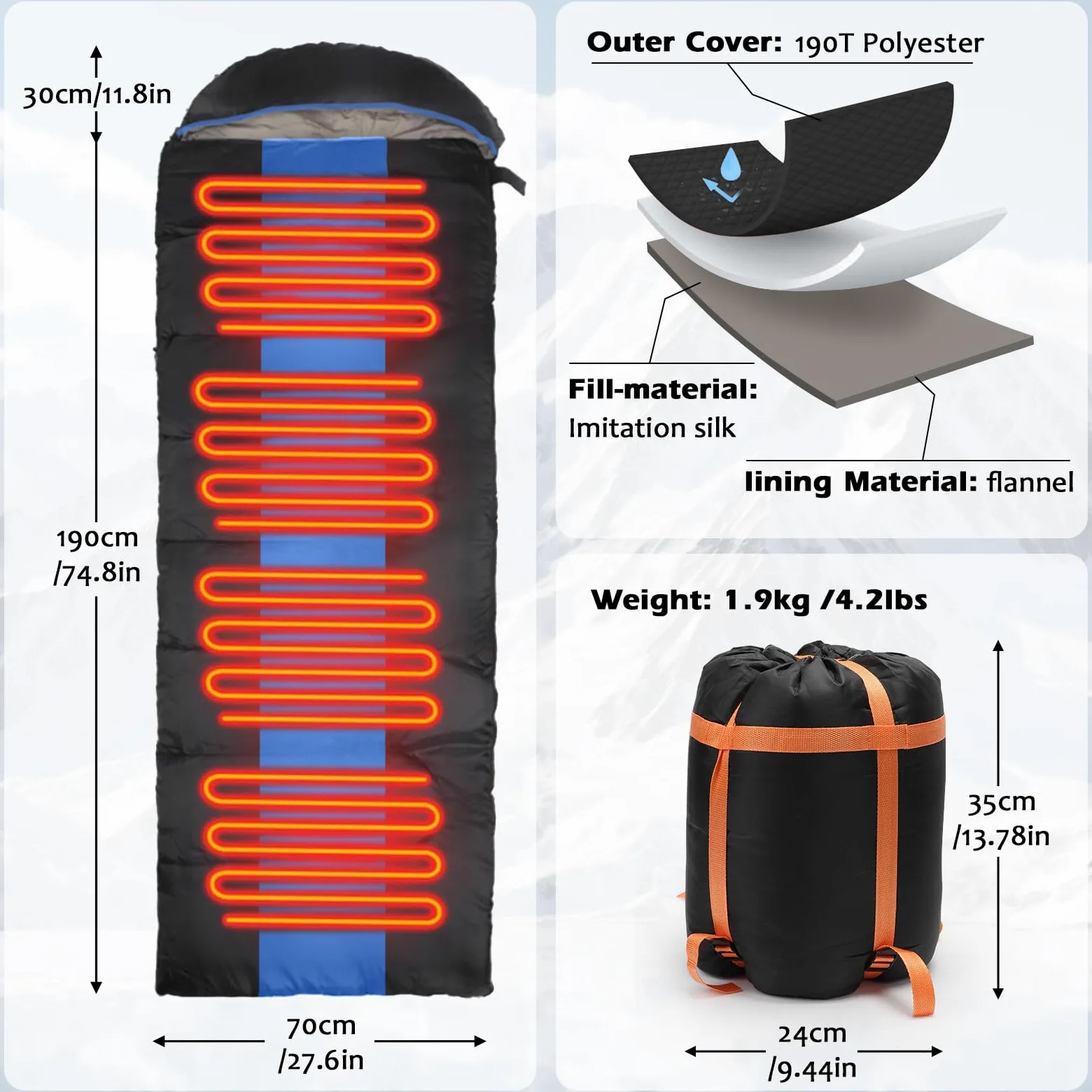 Sac de couchage 3-4 saisons pour adultes et enfants, léger et compact, lavé à l'eau pour le camping, la chasse, etc. (noir et orange)