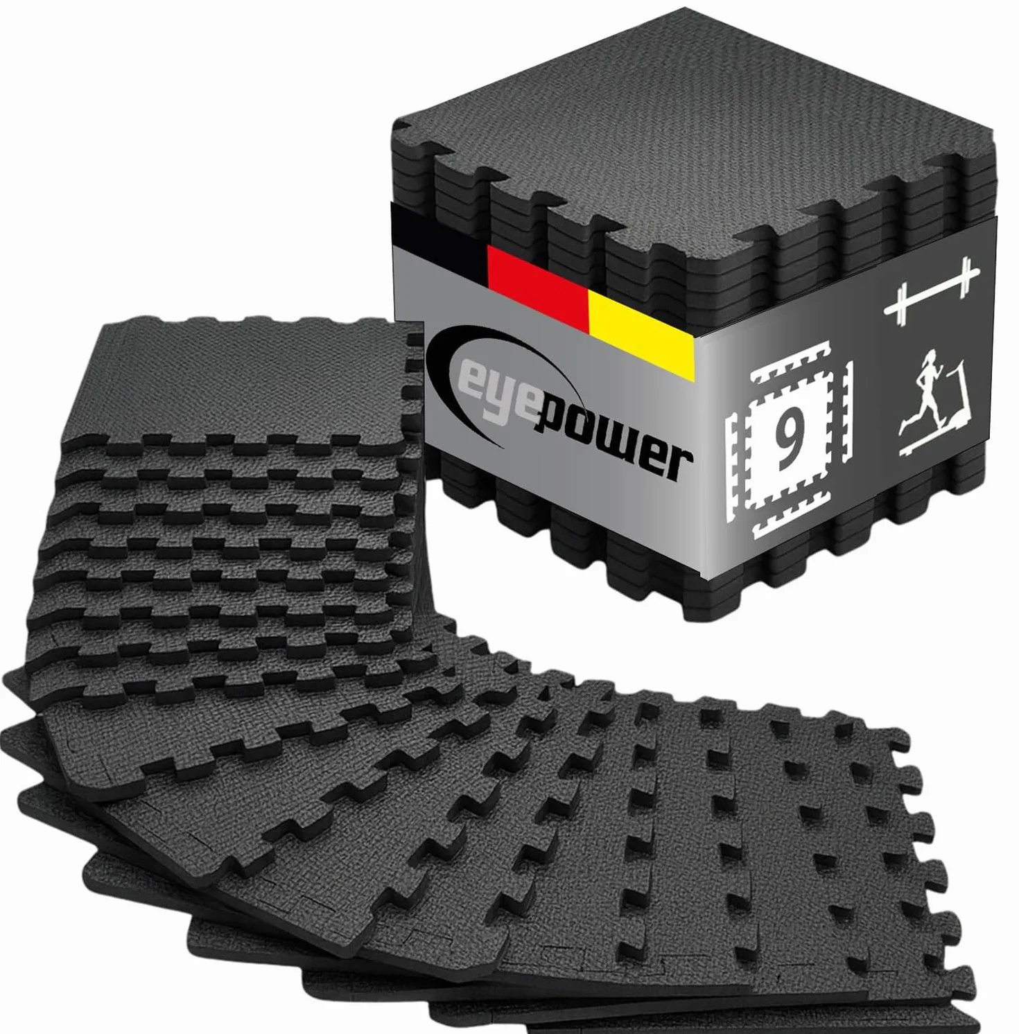 EYEPOWER Tapis de Protection Sol Fitness 30x30 cm Noir 9 Pièces Home Gym