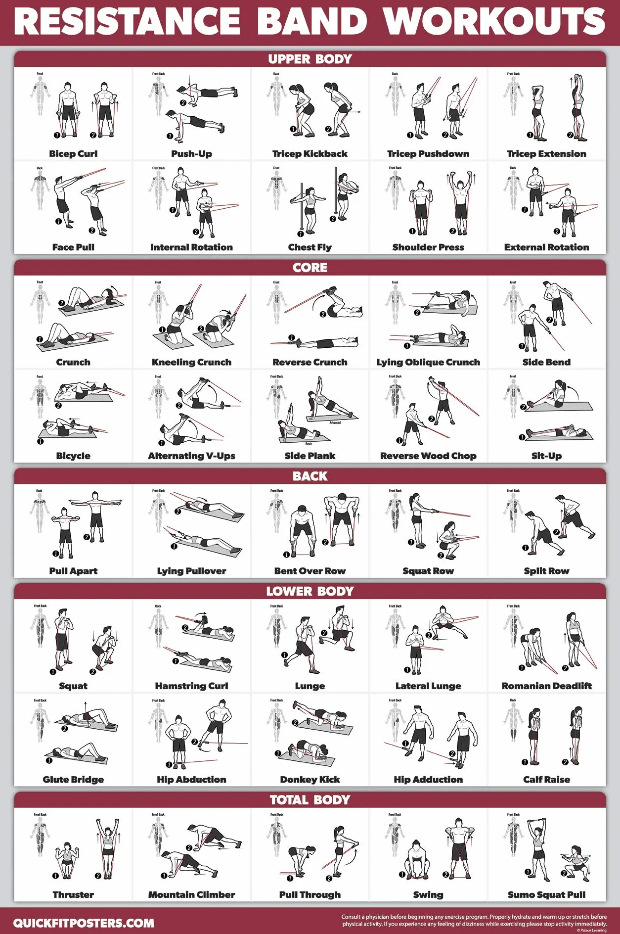 QUICKFIT Affiche d'exercice d'entraînement avec bandes de résistance double face laminé 45,7 x 68,6 cm