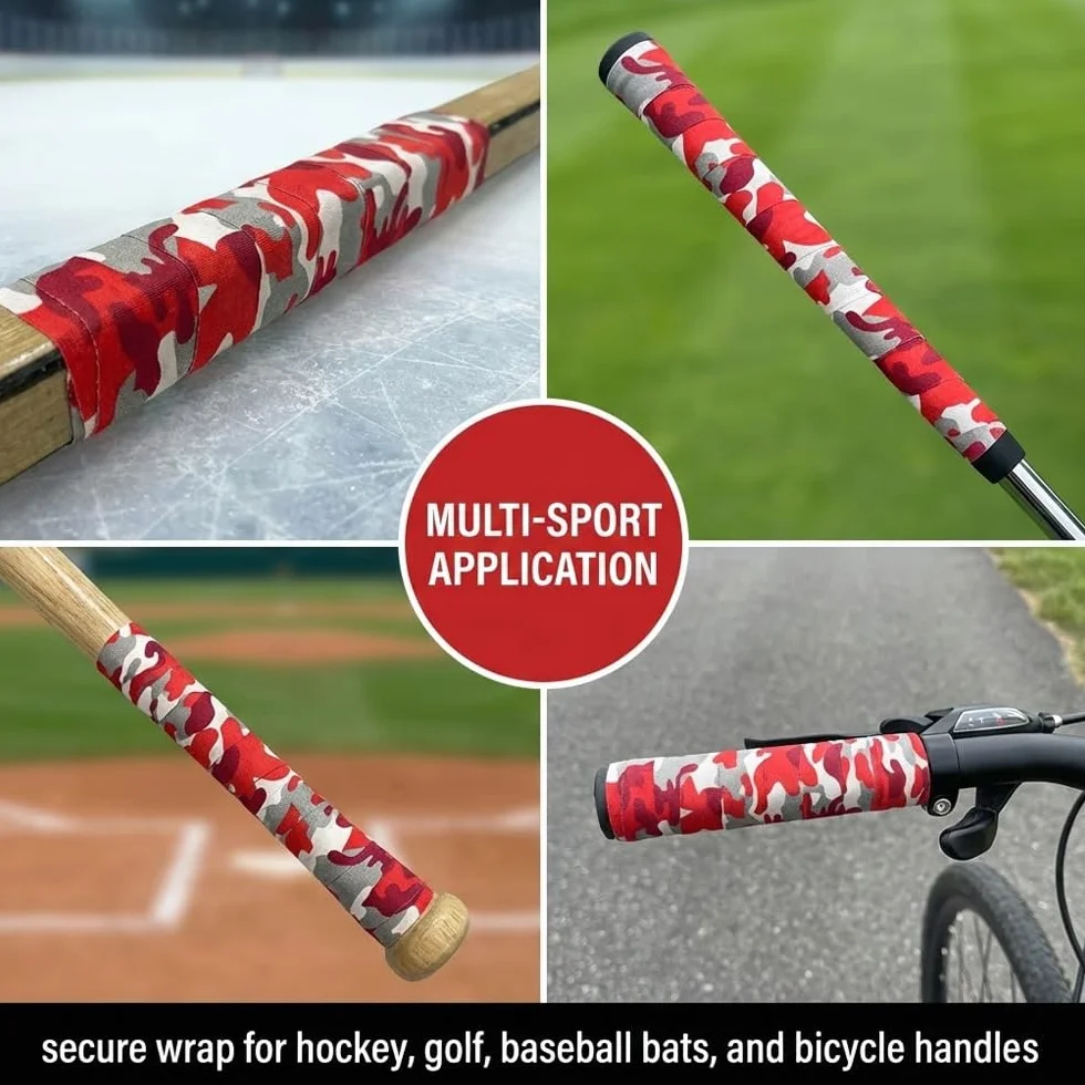 Ruban Adhésif Hockey 25m x 2,5cm Camouflage Rouge - Tape Coton Résistant au Froid Antidérapant