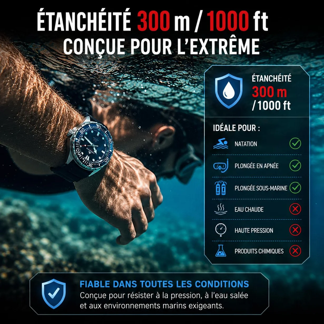 NORTH EDGE Montre de plongée à énergie solaire étanche 300 m cadran lumineux bracelet silicone