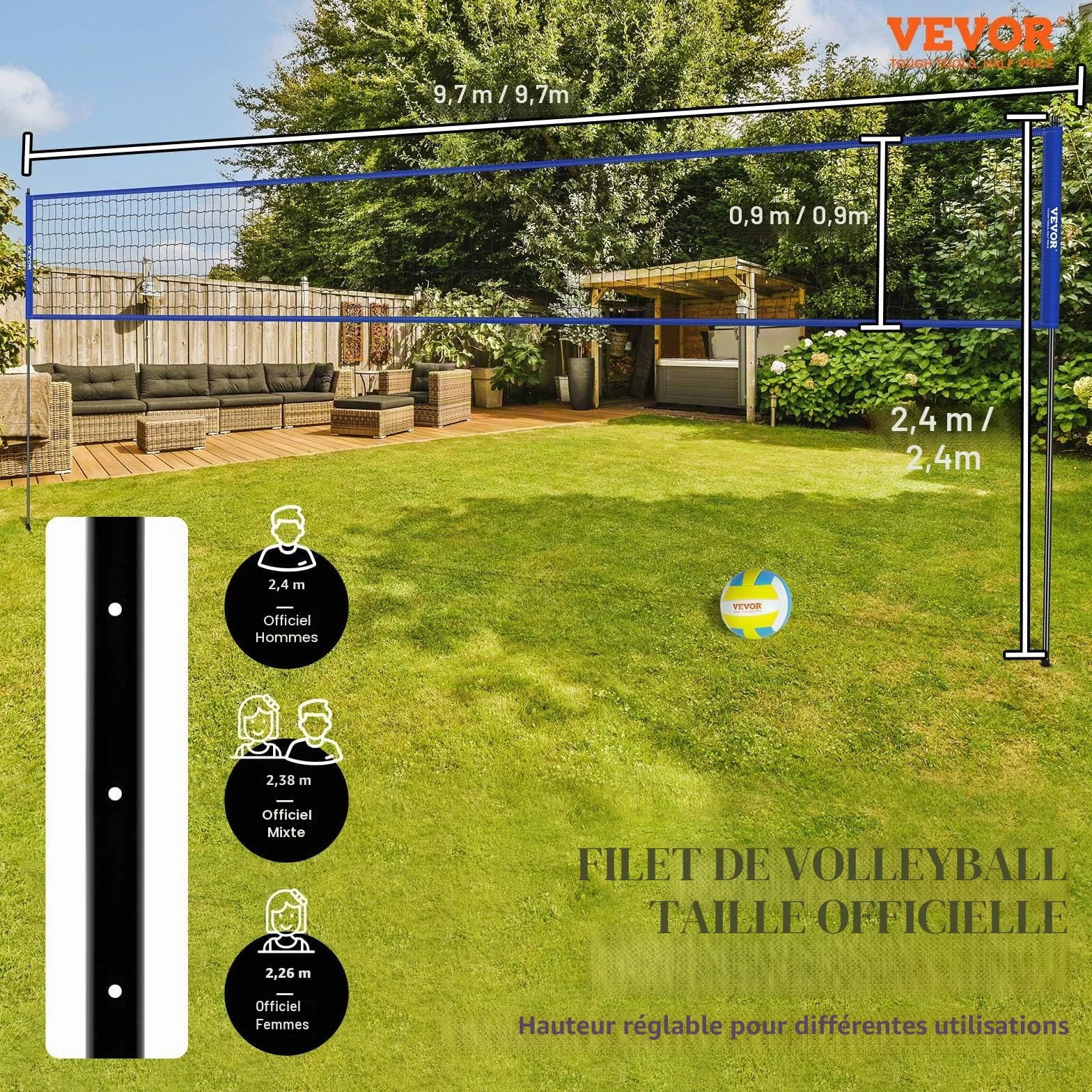 VEVOR Filet de Volley-Ball Portable d'Extérieur, Poteaux en Acier Réglable, Ensemble avec Ballon PVC, Pompe et Sac
