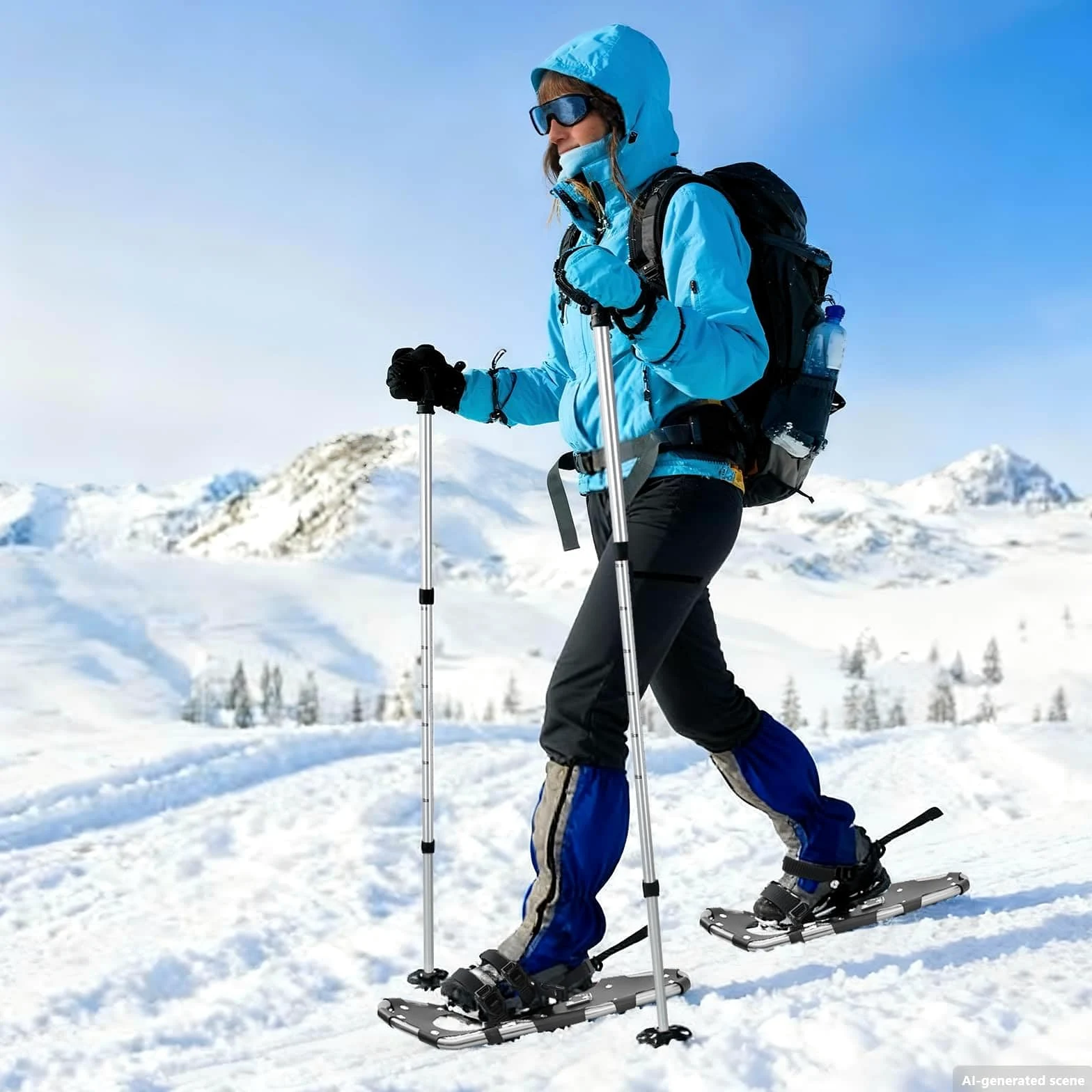 Raquettes à neige argentées noires 53,5 x pour femmes, hommes, enfants, antidérapantes, légères, avec attache réglable, adaptées pour la randonnée hivernale, les glaciers