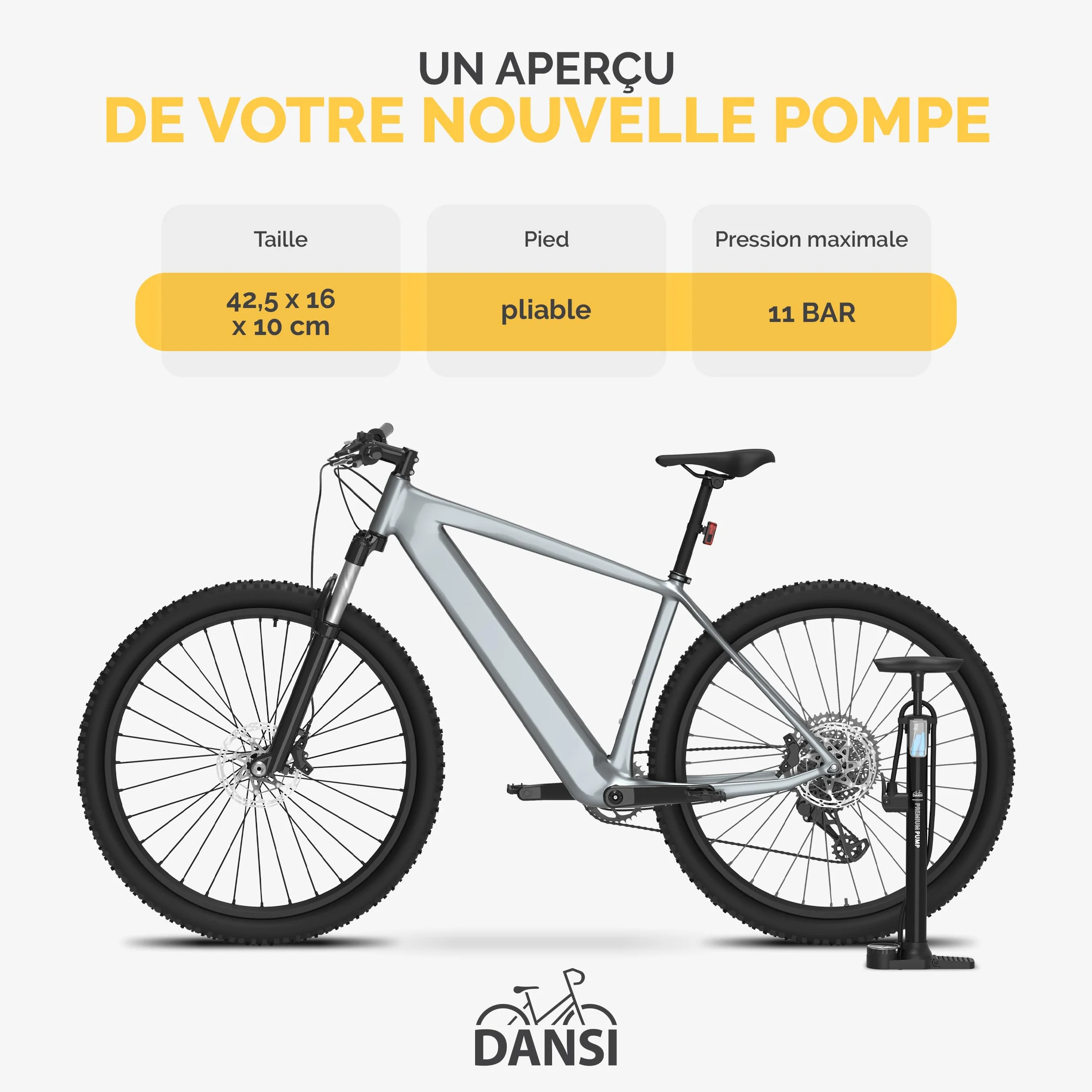 DANSI Pompe à vélo à Pied Toutes valves AV, SV, DV avec Grand manomètre