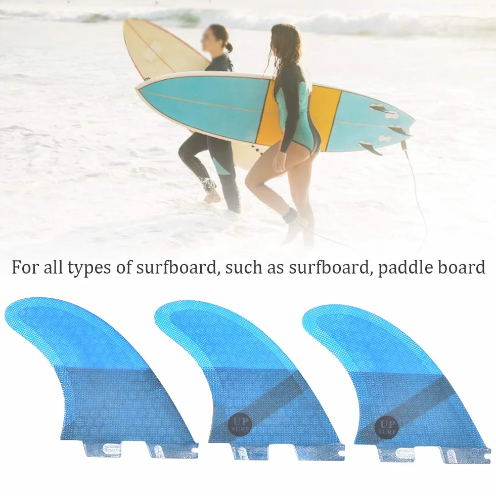 3 ailerons de surf lisses, ailerons arrière légers en fibre de verre, élégants et pratiques, bleus, pour planche de surf et paddleboard. Accessoire de surf flexible et stable.