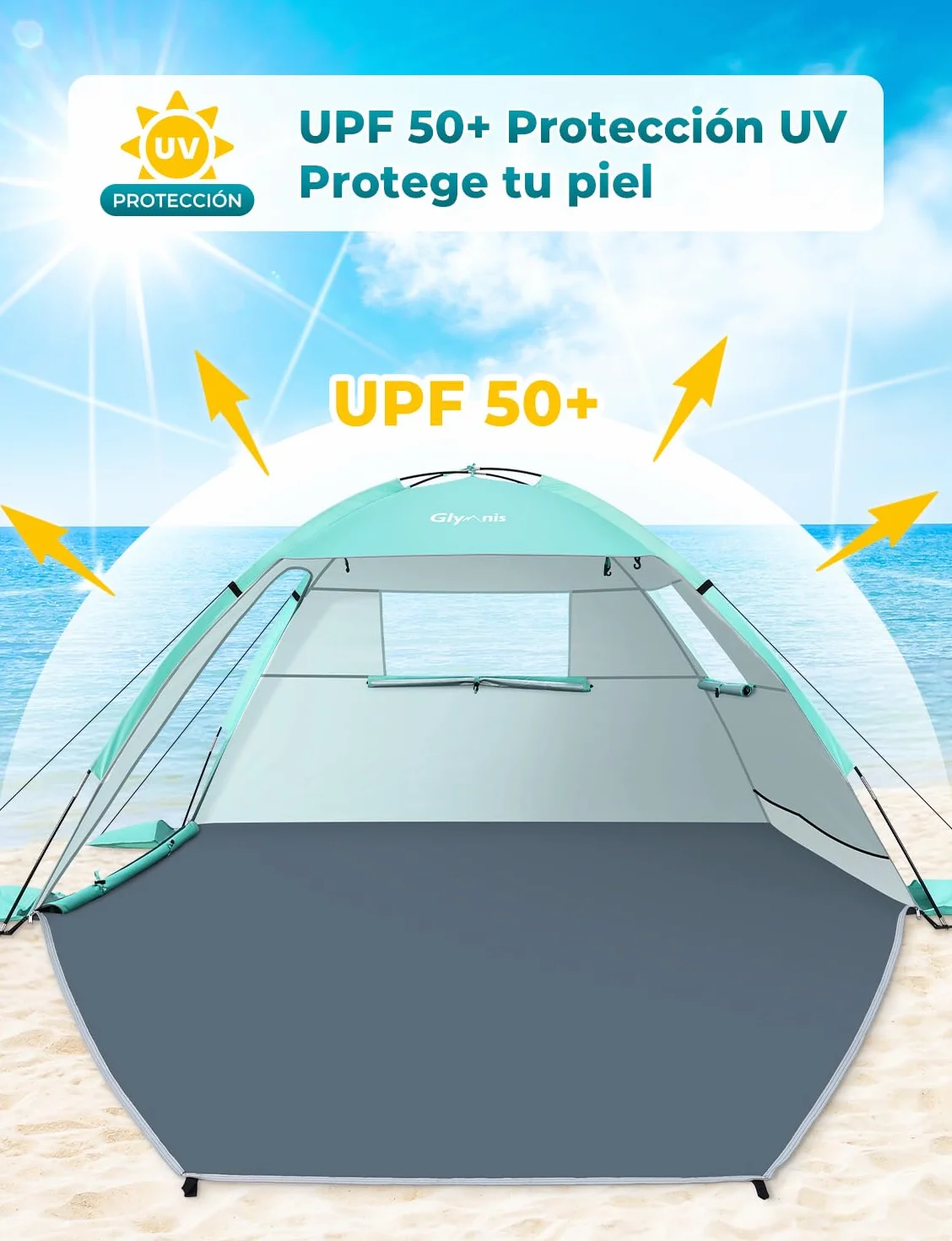 Glymnis Tente de plage, abri de plage pour 2-3 personnes, tente de plage avec double porte zippée, fenêtres ventilées, protection UPF 50+, pour plage, parc, pêche