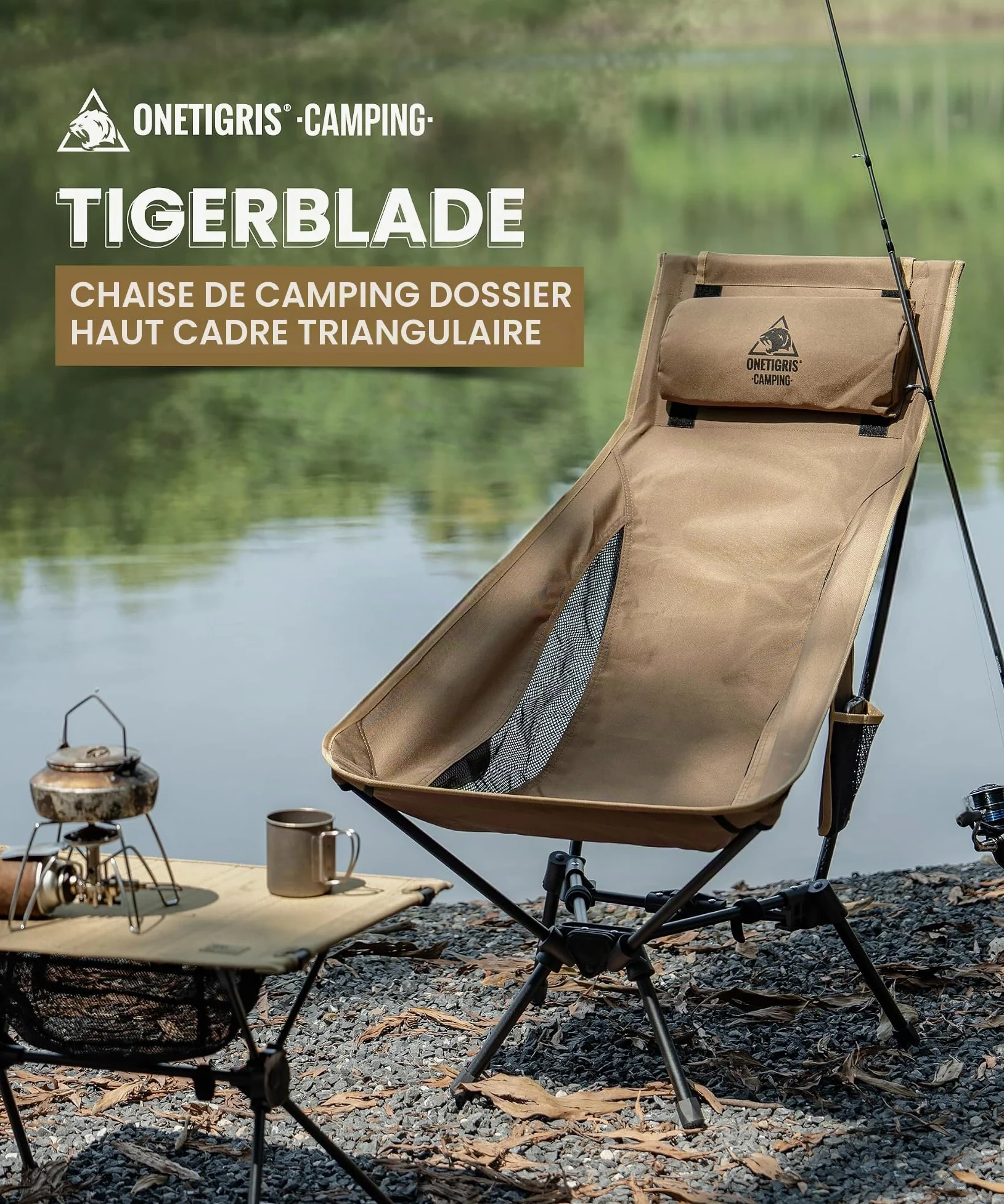 OneTigris Chaise de camping Tigerblade à dossier haut, capacité de charge 170 kg, cadre en aluminium, pliable, portable, taille adulte, pour l'extérieur