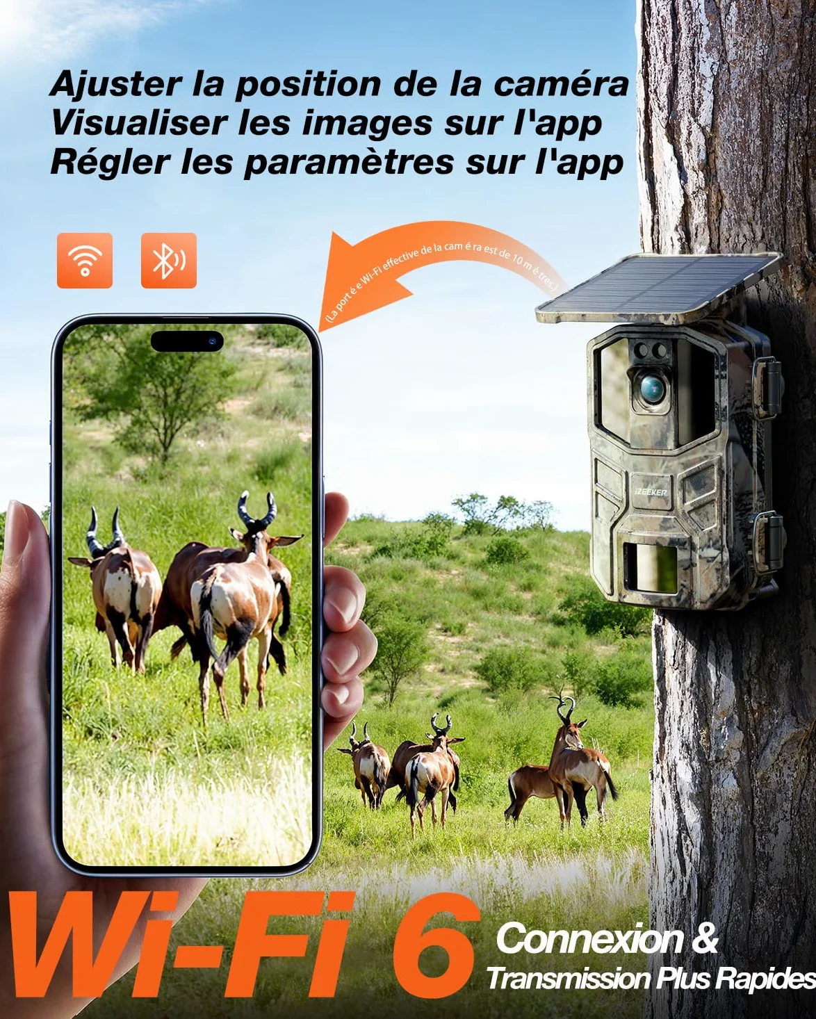 iZEEKER Solaire WiFi Caméra de Chasse, 4K 64MP Bluetooth Caméra de Chasse avec Vision Nocturne, 0,1s Temps de Déclenchement Activé par Mouvement, 5200mAh Batterie