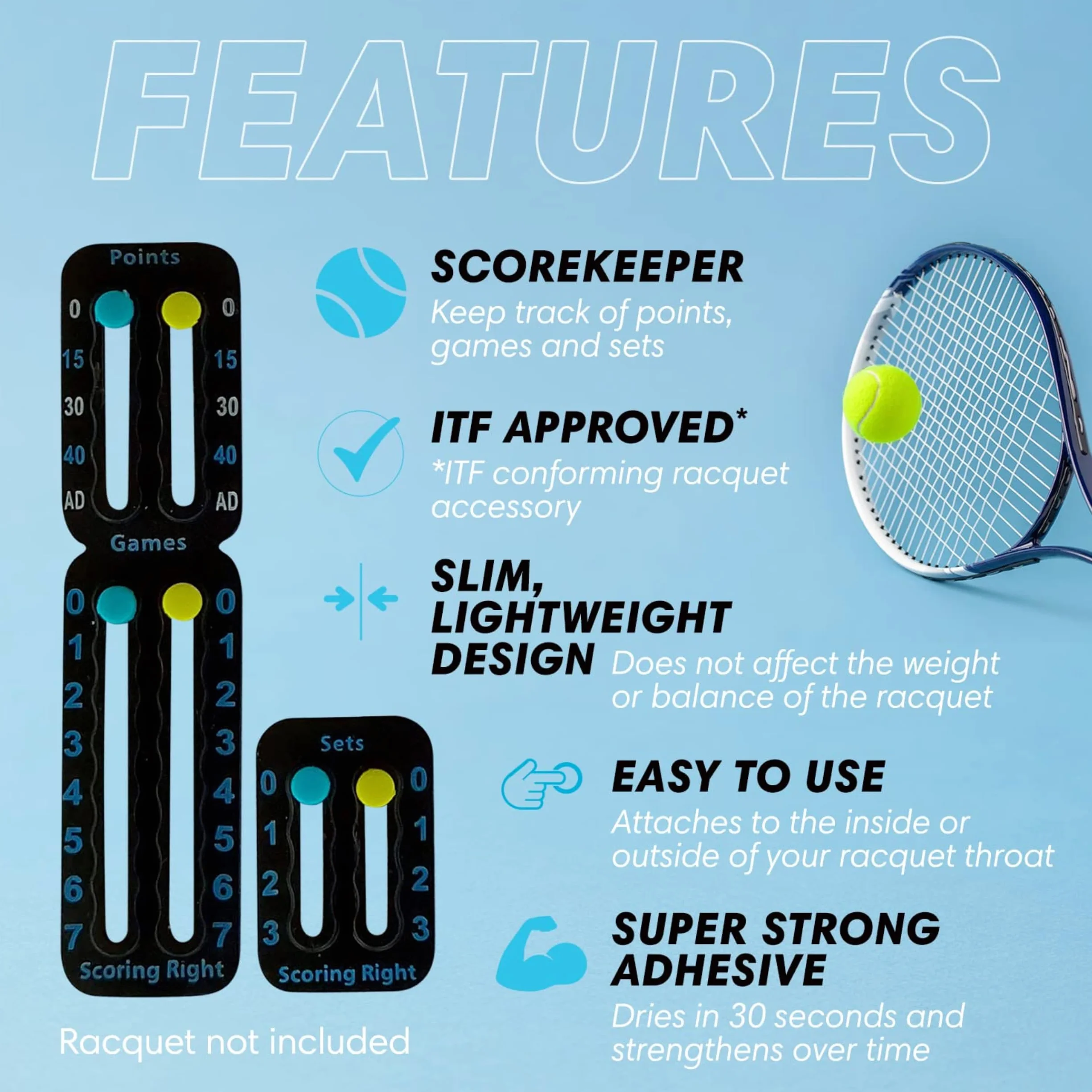 Scoreur Portable pour Raquettes et Pagaies de Tennis Tableau de Score Facile à Monter - Conforme à la Norme ITF - 1.9g