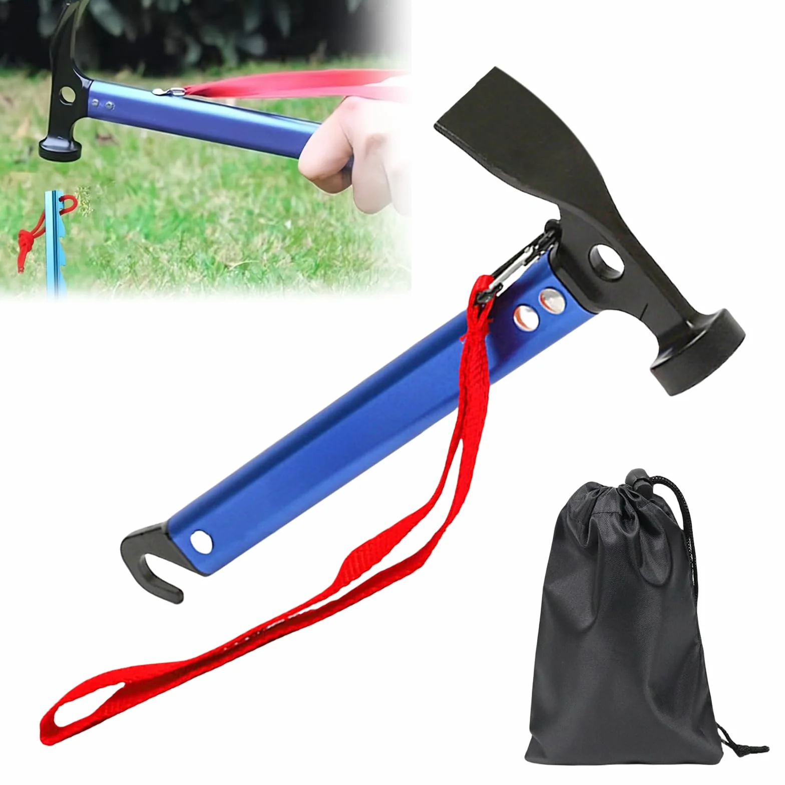 Marteau de camping 30,5 cm aluminium avec crochet et mini-pioche pour piquets de tente Bleu