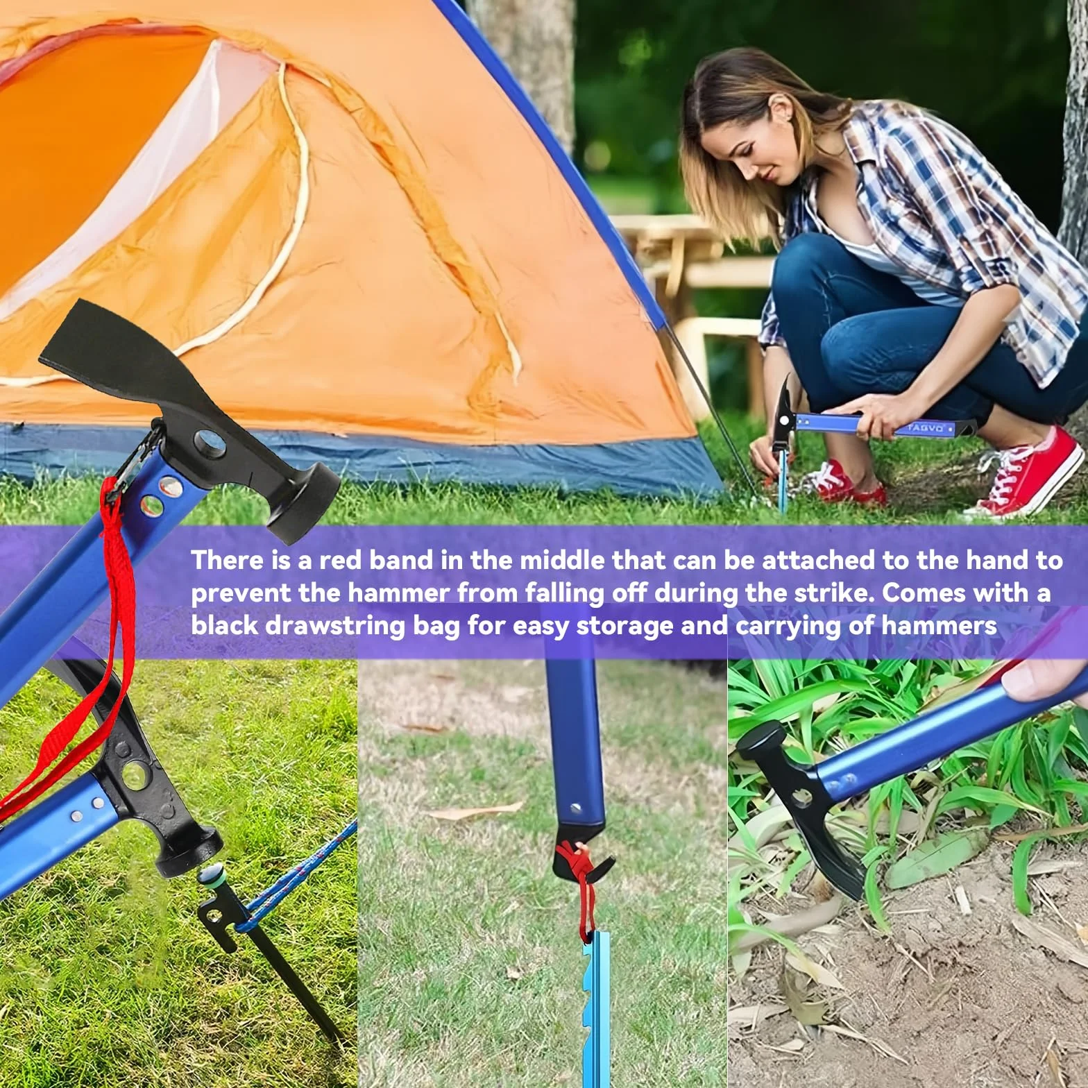 Marteau de camping en aluminium 30,5 cm avec crochet et mini houe multifonctionnel bleu sac de rangement