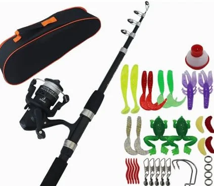Kit de Pêche pour Enfants Canne Télescopique Fibre de Carbone 1,5 m Moulinet Leurre Noir