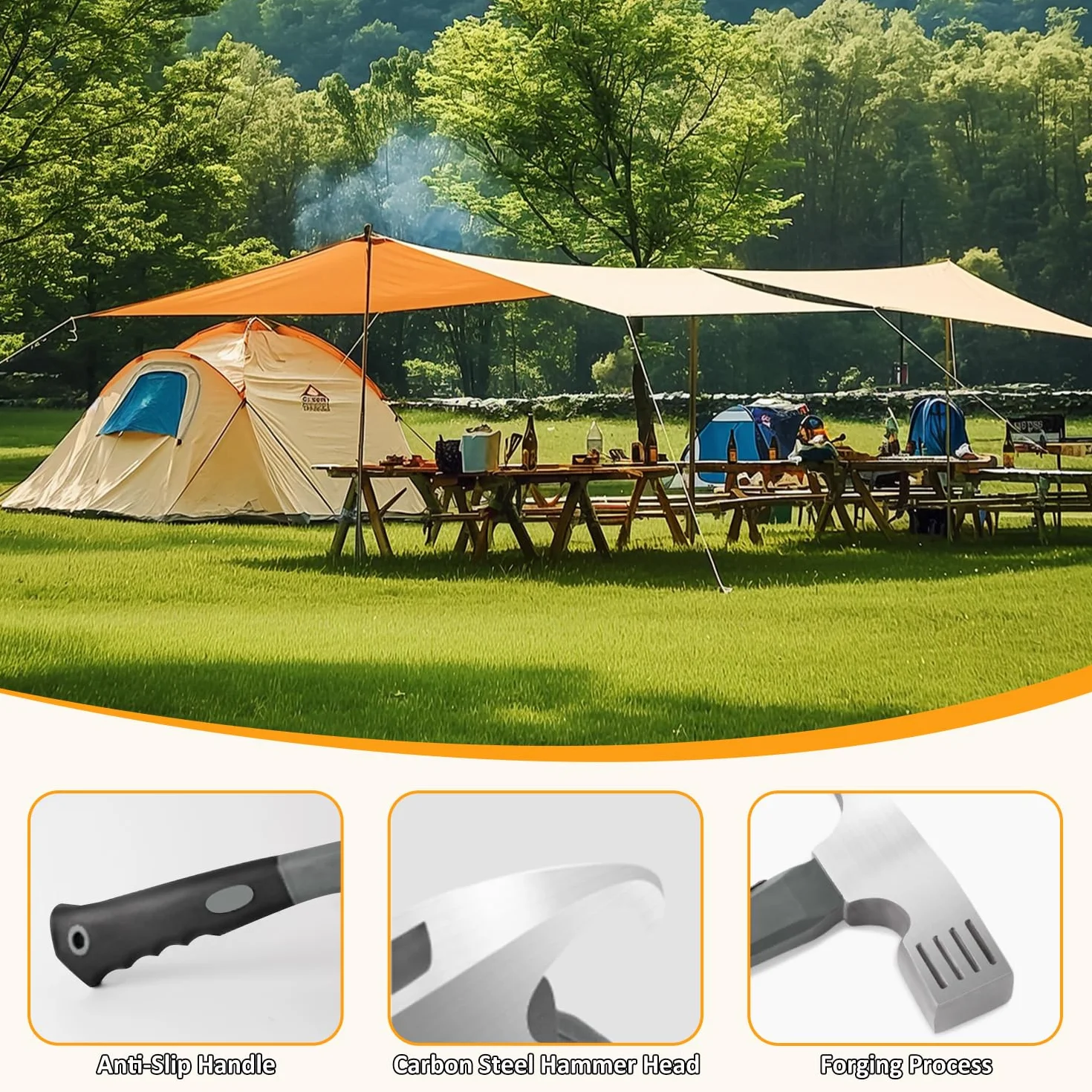 Marteau de Camping en Acier au Carbone 30x11 cm avec Crochet Extracteur Piquet