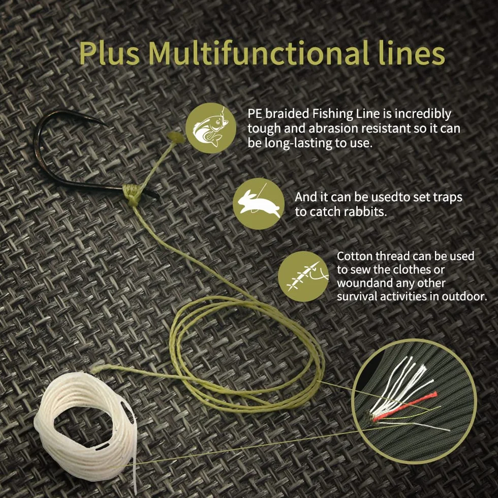 Survival Paracord Rope 100 Feet Fire Starter Parachute Cord 7-Strand Nylon with Red Tinder Cord PE Fishing Line Cotton Thread Army Green Camo