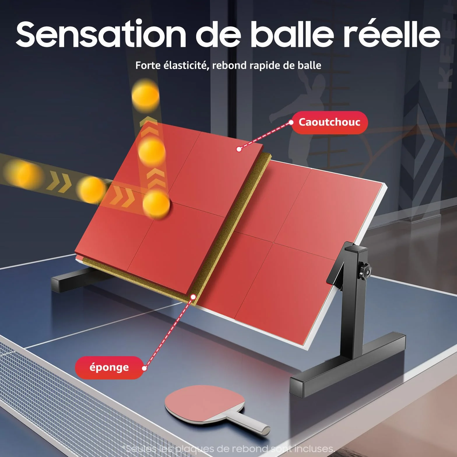 Entraîneur de tennis de table, angle réglable à 360°, 8 blocs en caoutchouc, grande zone d'exercice, tennis de table, planche de rebond avec 7 couches de bois, planche de rebond en acier pour