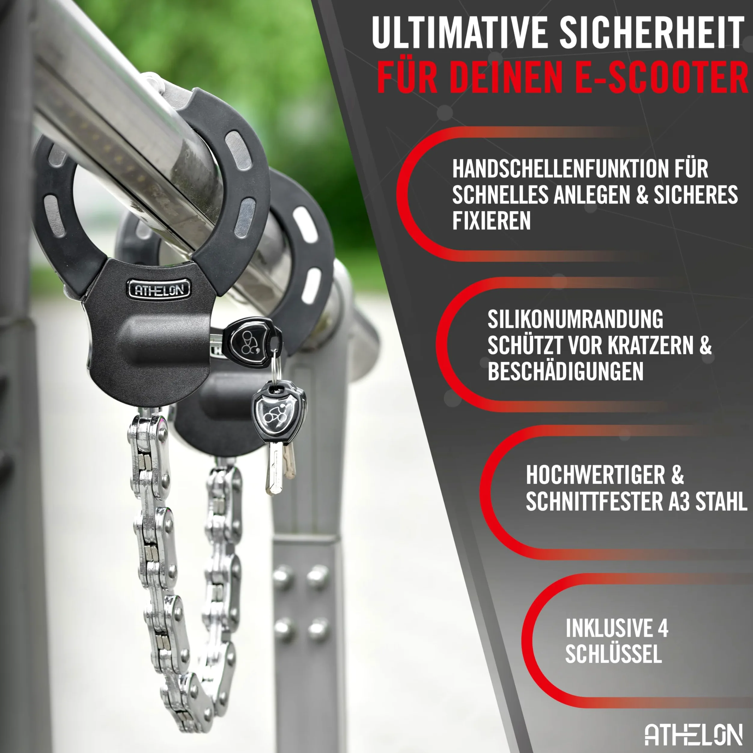 ATHELON Serrure pour scooter électrique [extra sûr] – Antivol à menottes long et résistant aux coupures pour scooter électrique avec protection anti-rayures avec accessoires [étui et 4 clés] – pour