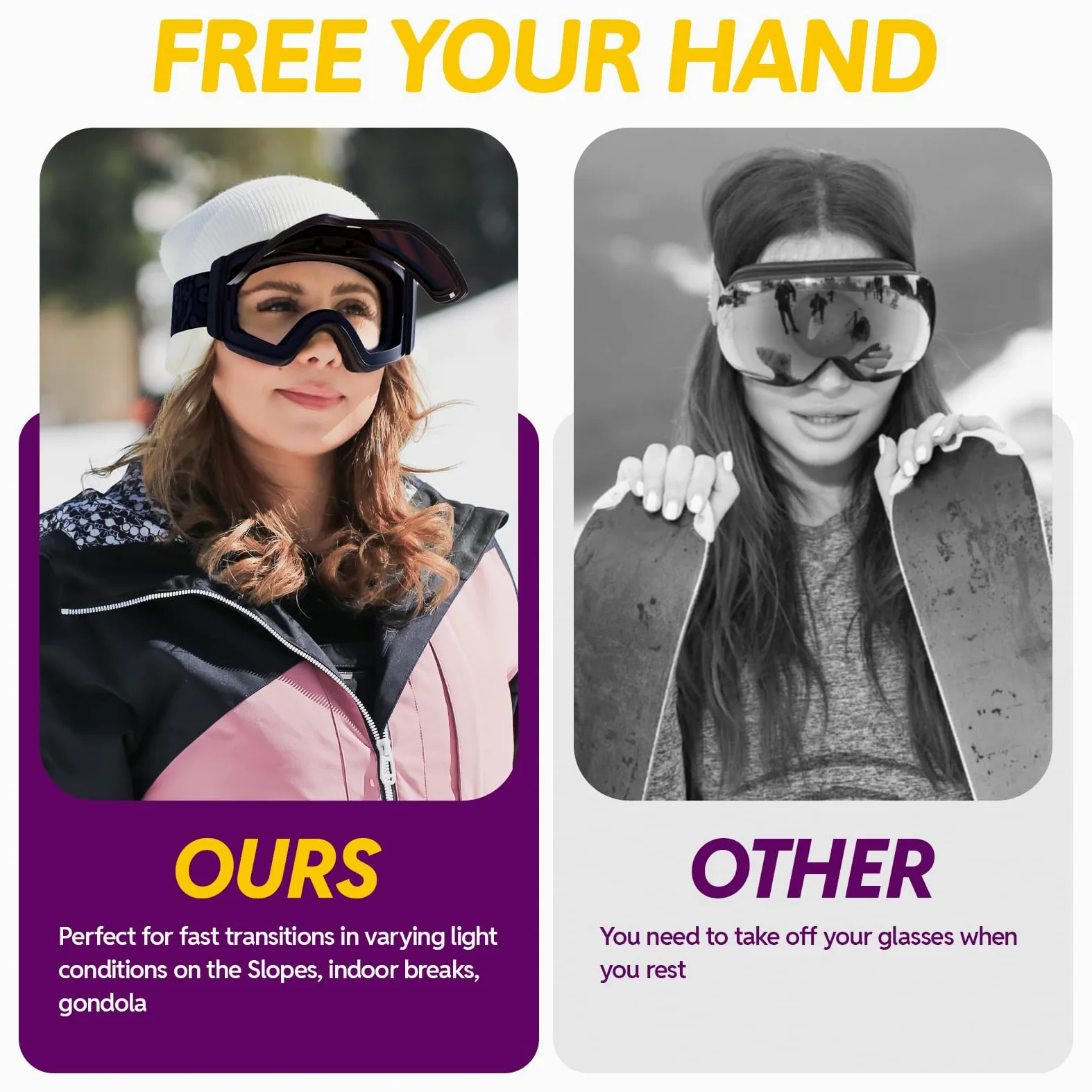 JUBAO Lunettes de ski Flip-Up pour homme et femme, anti-buée, magnétique, OTG pour désembuage instantané, protection UV400