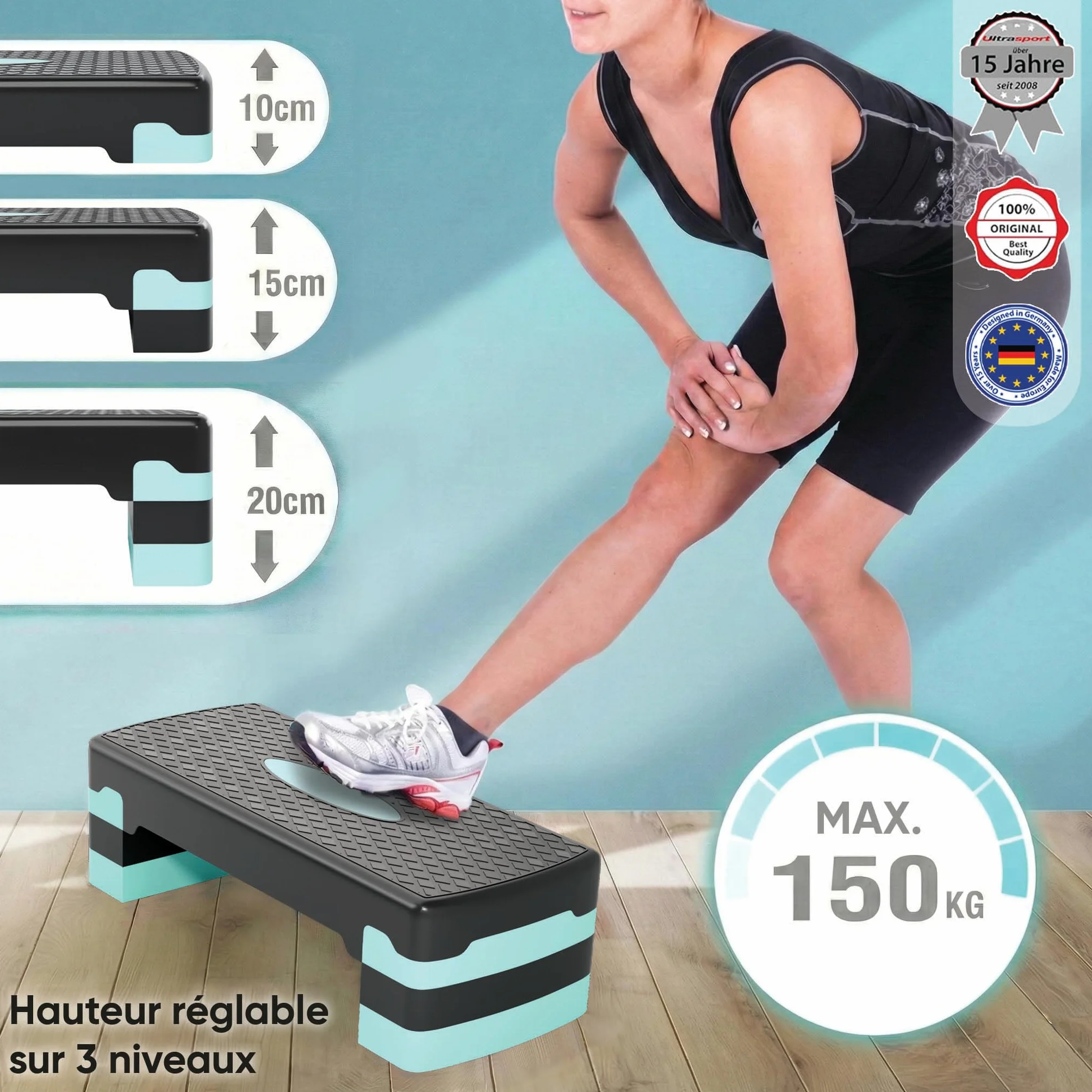 Ultrasport Step Aérobic Antidérapant Réglable 3 Niveaux Stepper Fitness 68 x 28 cm Bleu